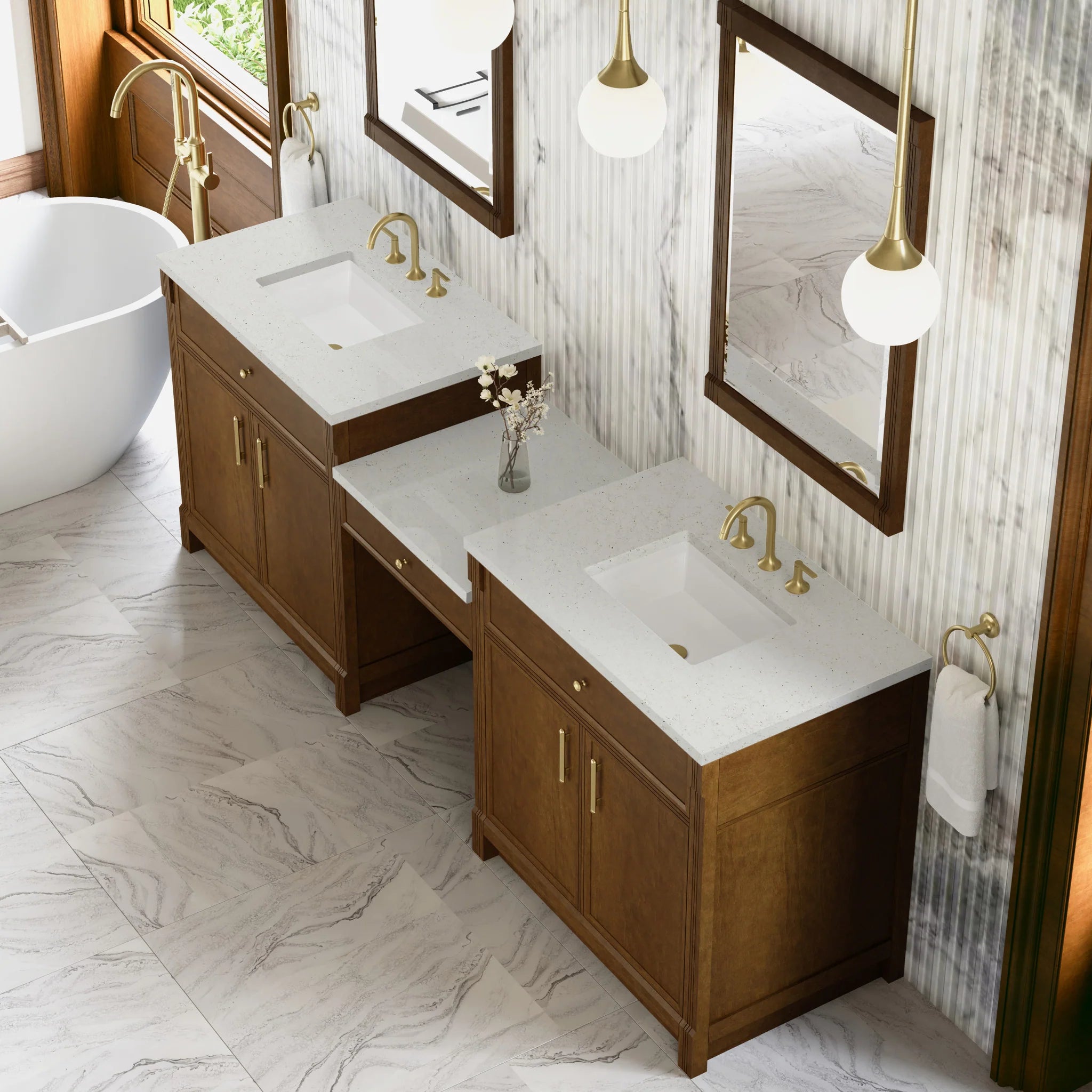 96" Bellshire Dual Vanity in Honey Oak with 24" Make-Up Counter by James Martin Vanities-Lime Delight Silestone 3