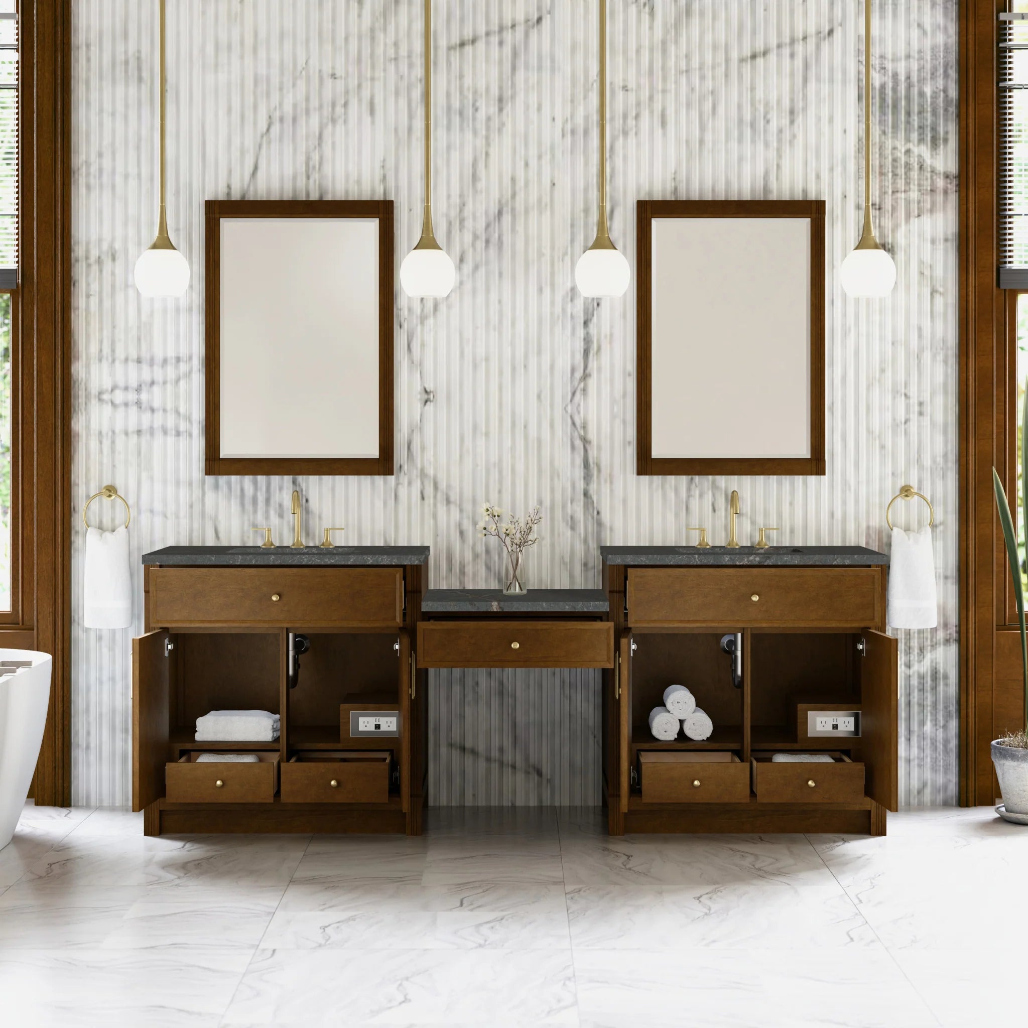 96" Bellshire Dual Vanity in Honey Oak with 24" Make-Up Counter by James Martin Vanities-Parisien Bleu Silestone 2