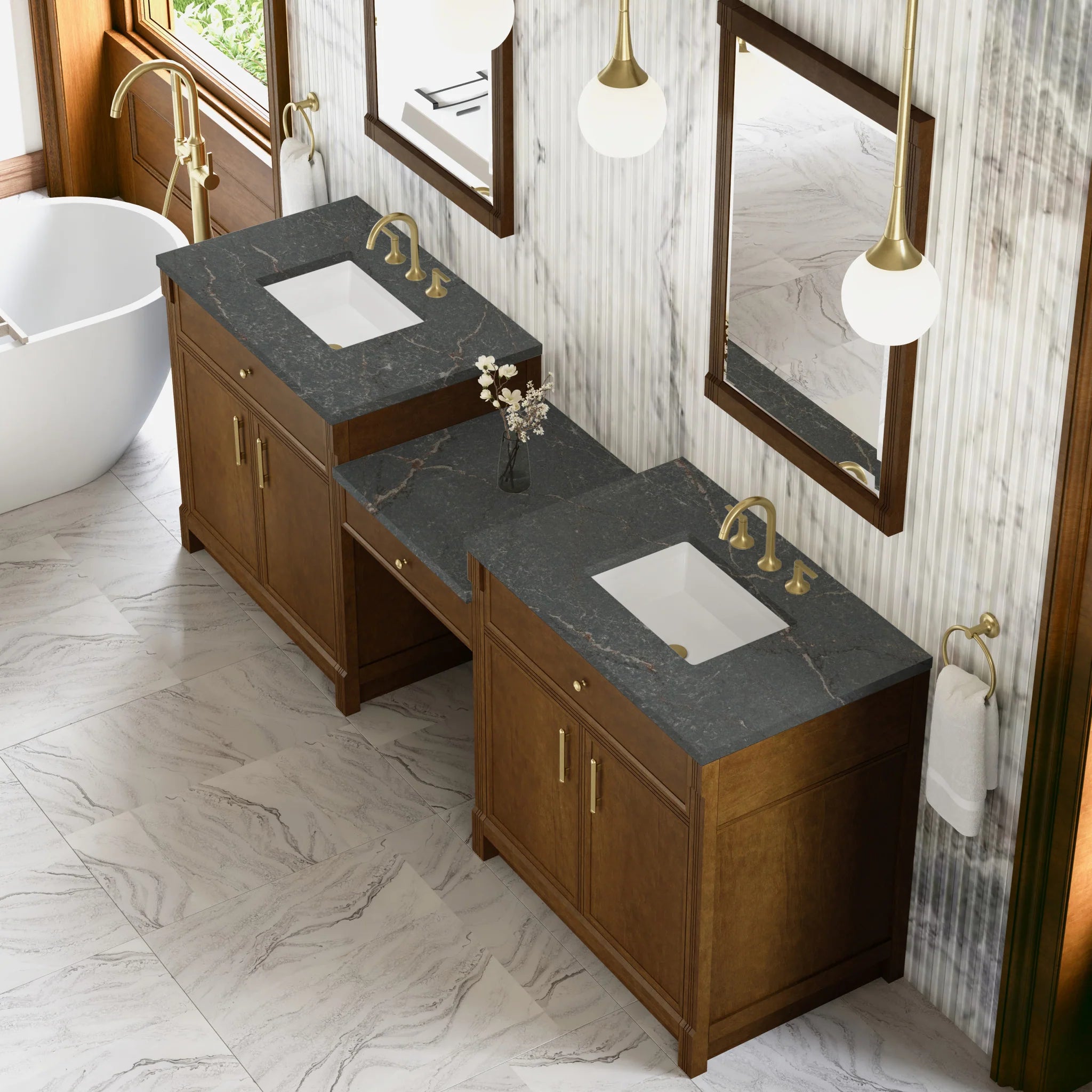 96" Bellshire Dual Vanity in Honey Oak with 24" Make-Up Counter by James Martin Vanities-Parisien Bleu Silestone 3