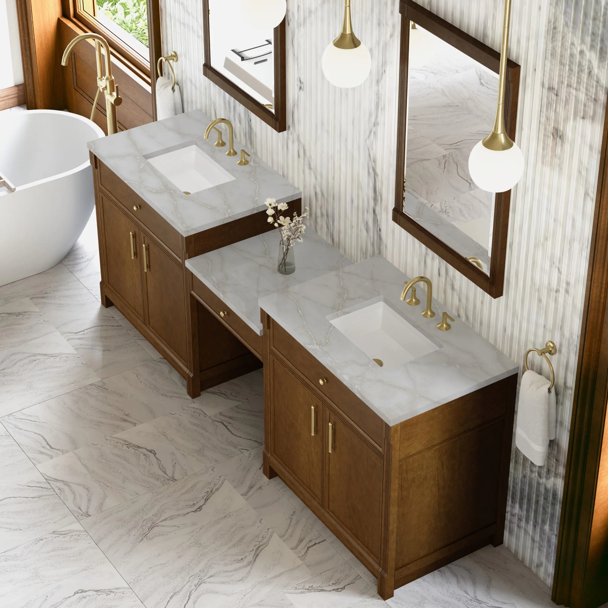 96" Bellshire Dual Vanity in Honey Oak with 24" Make-Up Counter by James Martin Vanities-Victorian Silver Silestone 3