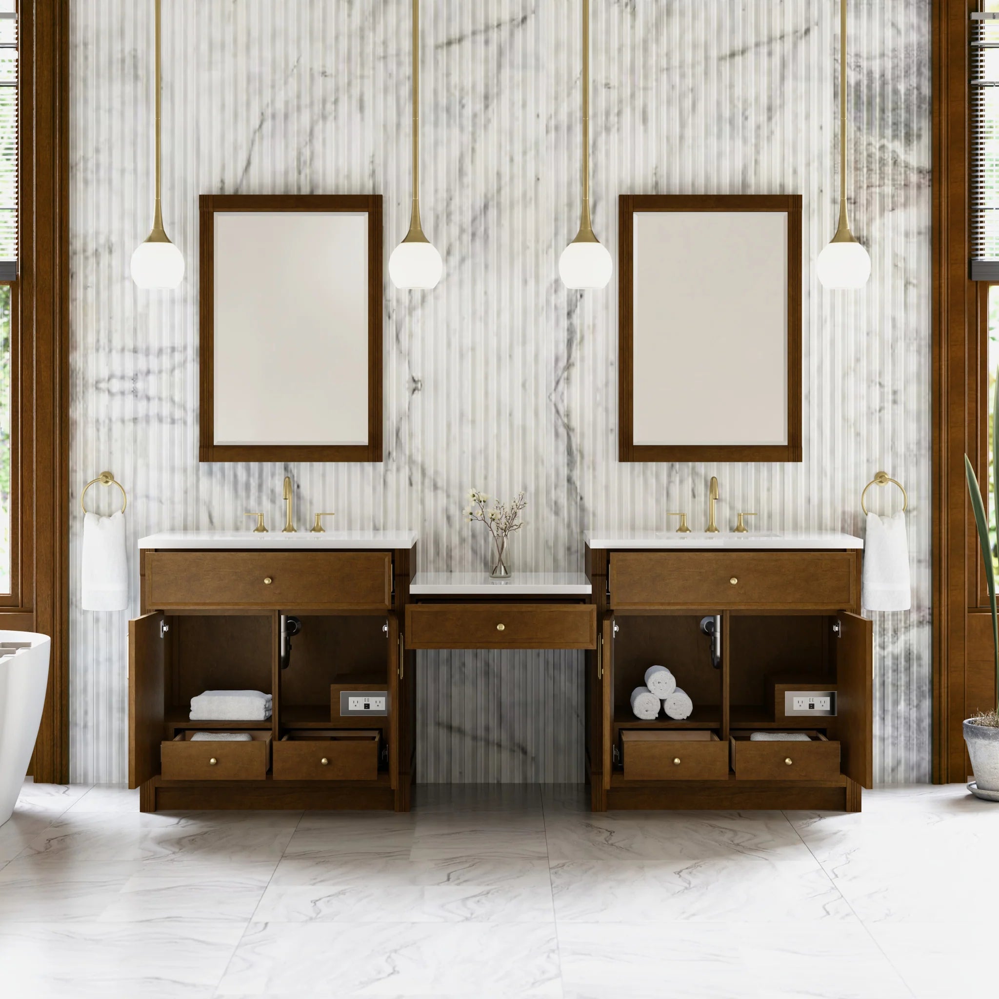96" Bellshire Dual Vanity in Honey Oak with 24" Make-Up Counter by James Martin Vanities-White Zeus Silestone 2