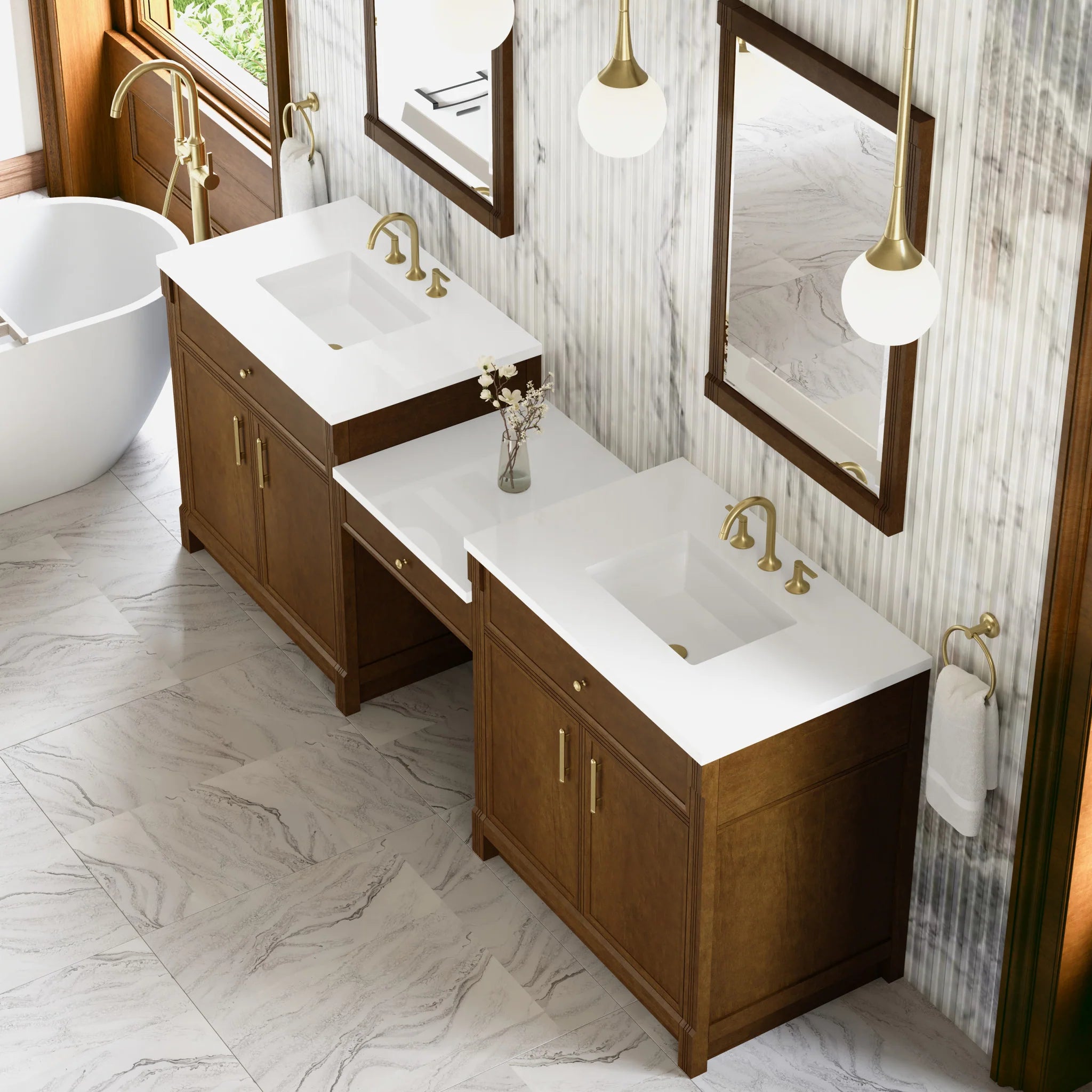 96" Bellshire Dual Vanity in Honey Oak with 24" Make-Up Counter by James Martin Vanities-White Zeus Silestone 3