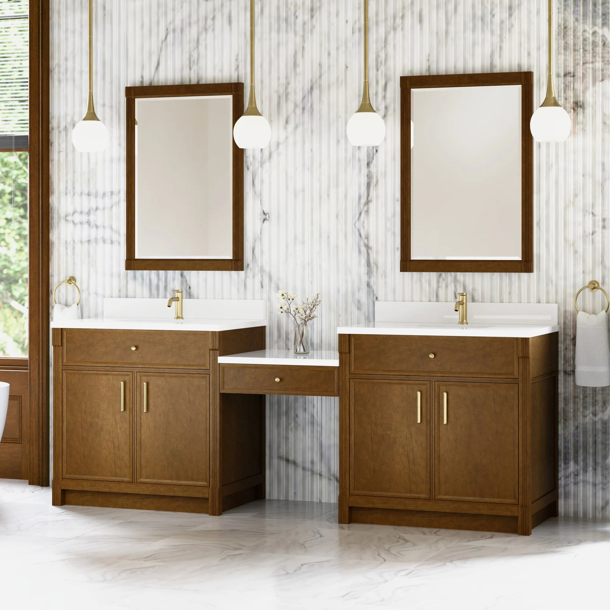 96" Bellshire Dual Vanity in Honey Oak with 24" Make-Up Counter by James Martin Vanities-White Zeus Silestone & Backsplash 2
