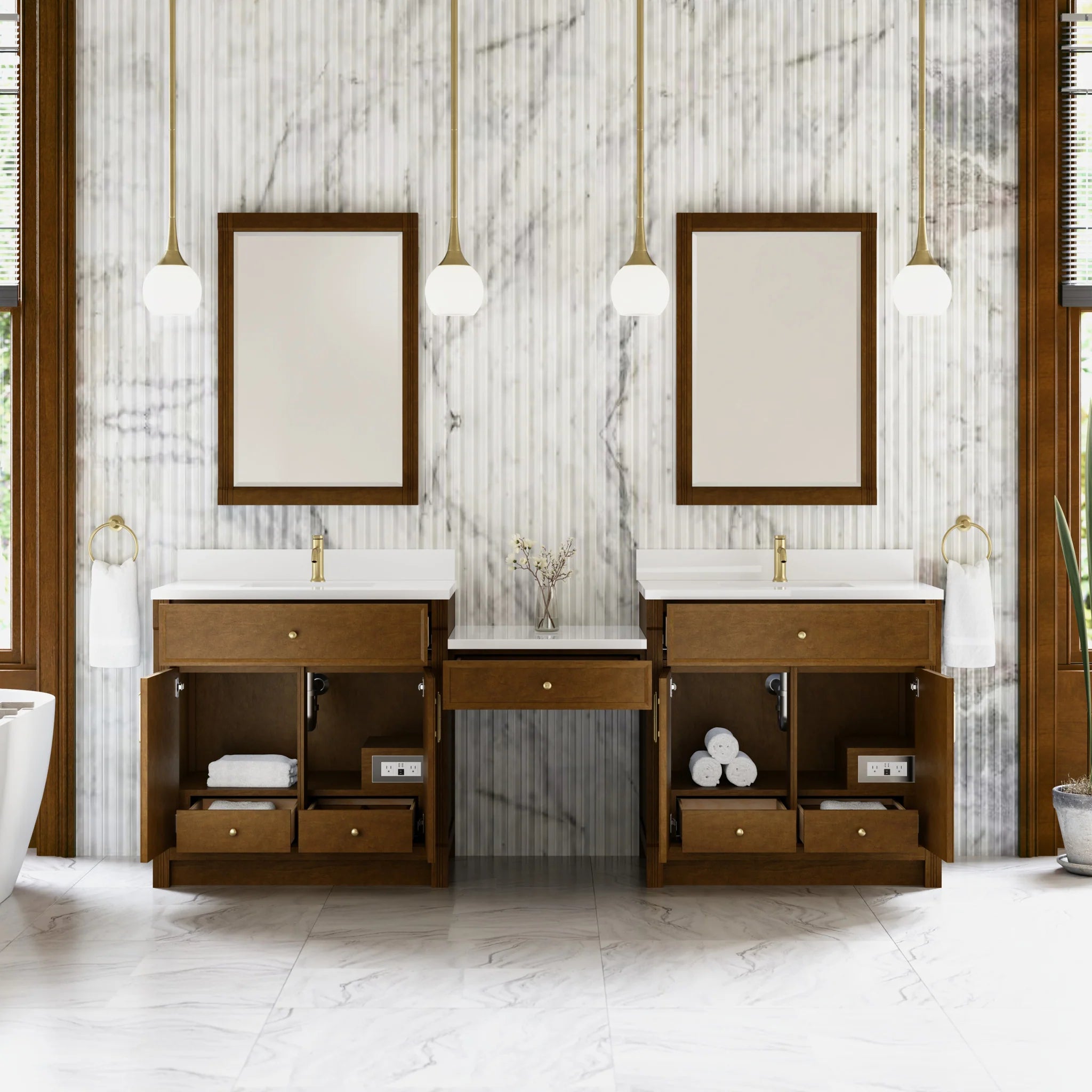 96" Bellshire Dual Vanity in Honey Oak with 24" Make-Up Counter by James Martin Vanities-White Zeus Silestone & Backsplash 3
