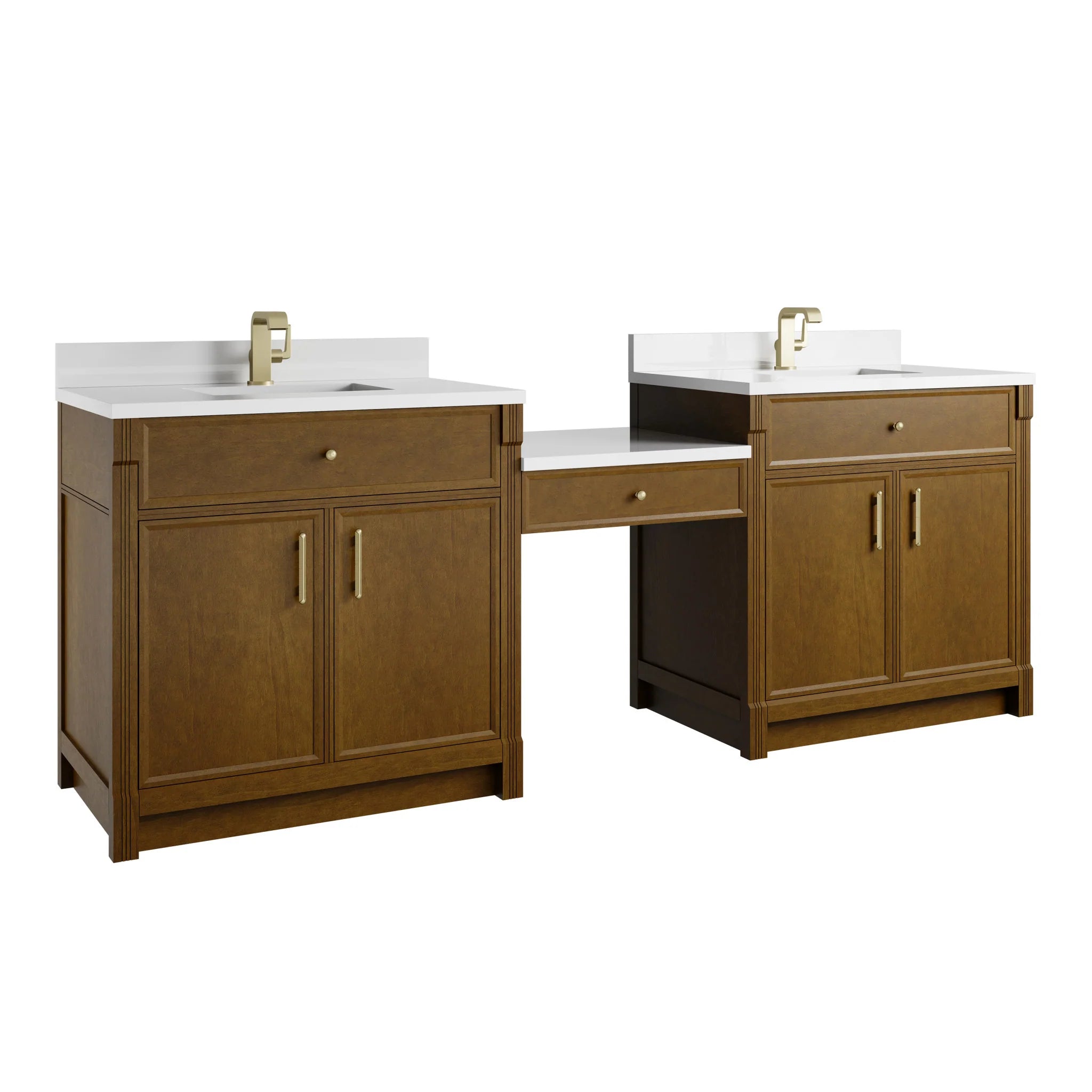96" Bellshire Dual Vanity in Honey Oak with 24" Make-Up Counter by James Martin Vanities-White Zeus Silestone & Backsplash 5