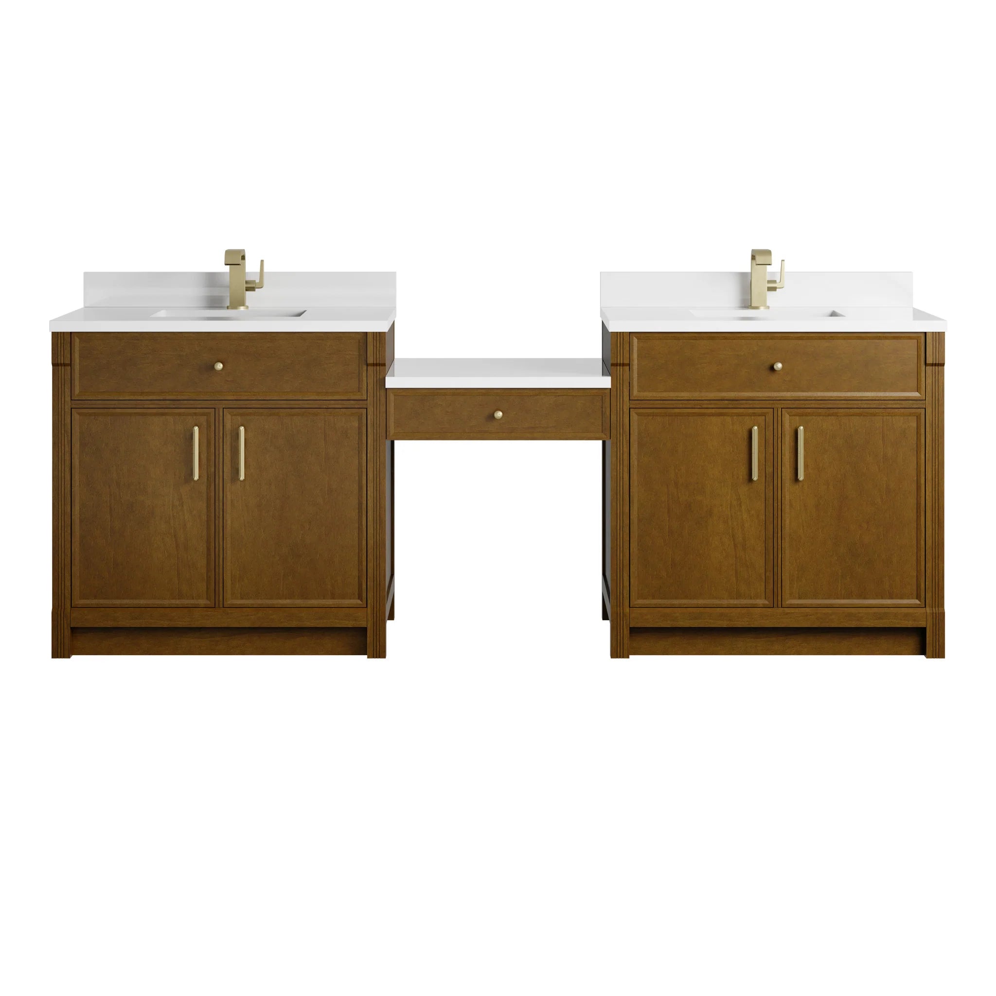 96" Bellshire Dual Vanity in Honey Oak with 24" Make-Up Counter by James Martin Vanities-White Zeus Silestone & Backsplash 