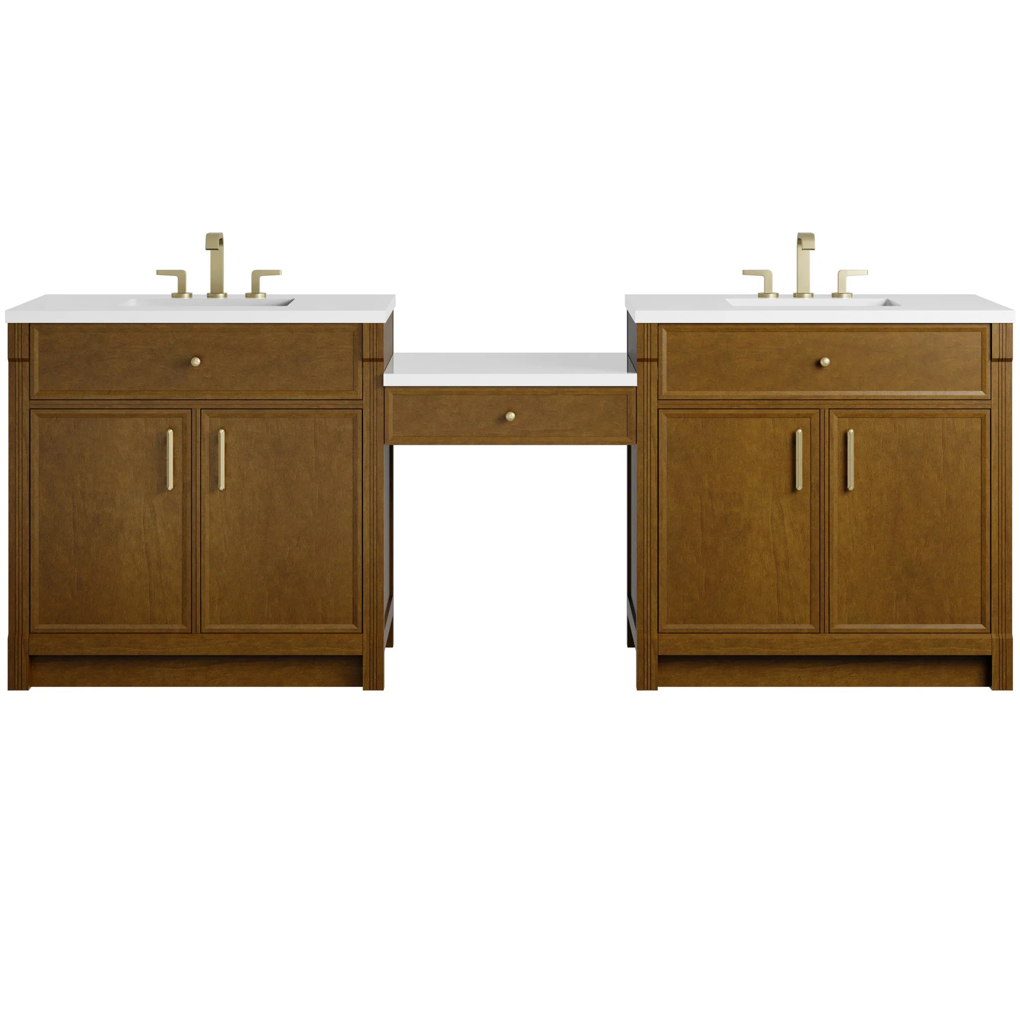 96" Bellshire Dual Vanity in Honey Oak with 24" Make-Up Counter by James Martin Vanities-White Zeus Silestone 