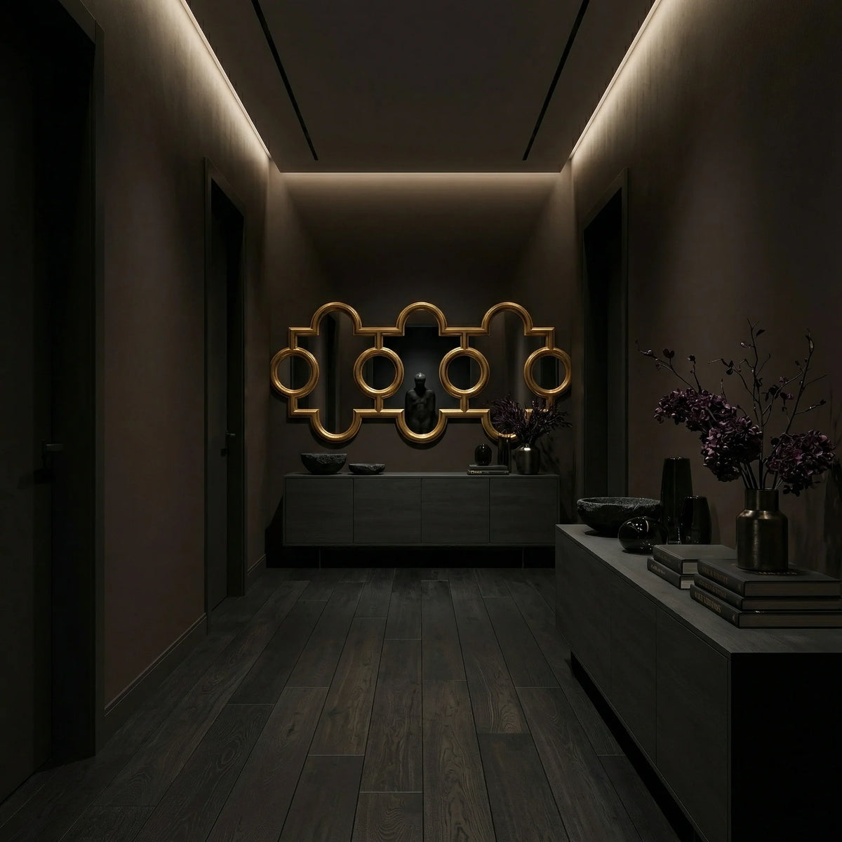 Ambella Home Voranado wall mirror, 99W x 3D x 43H, wide decorative mirror with repeating circular and scalloped geometric motif displayed over a dark credenza in an elegant foyer