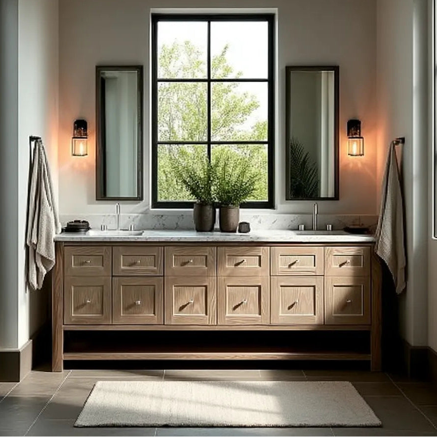 Farmhouse-style bathroom vanity with wooden vanity, large window, and natural light