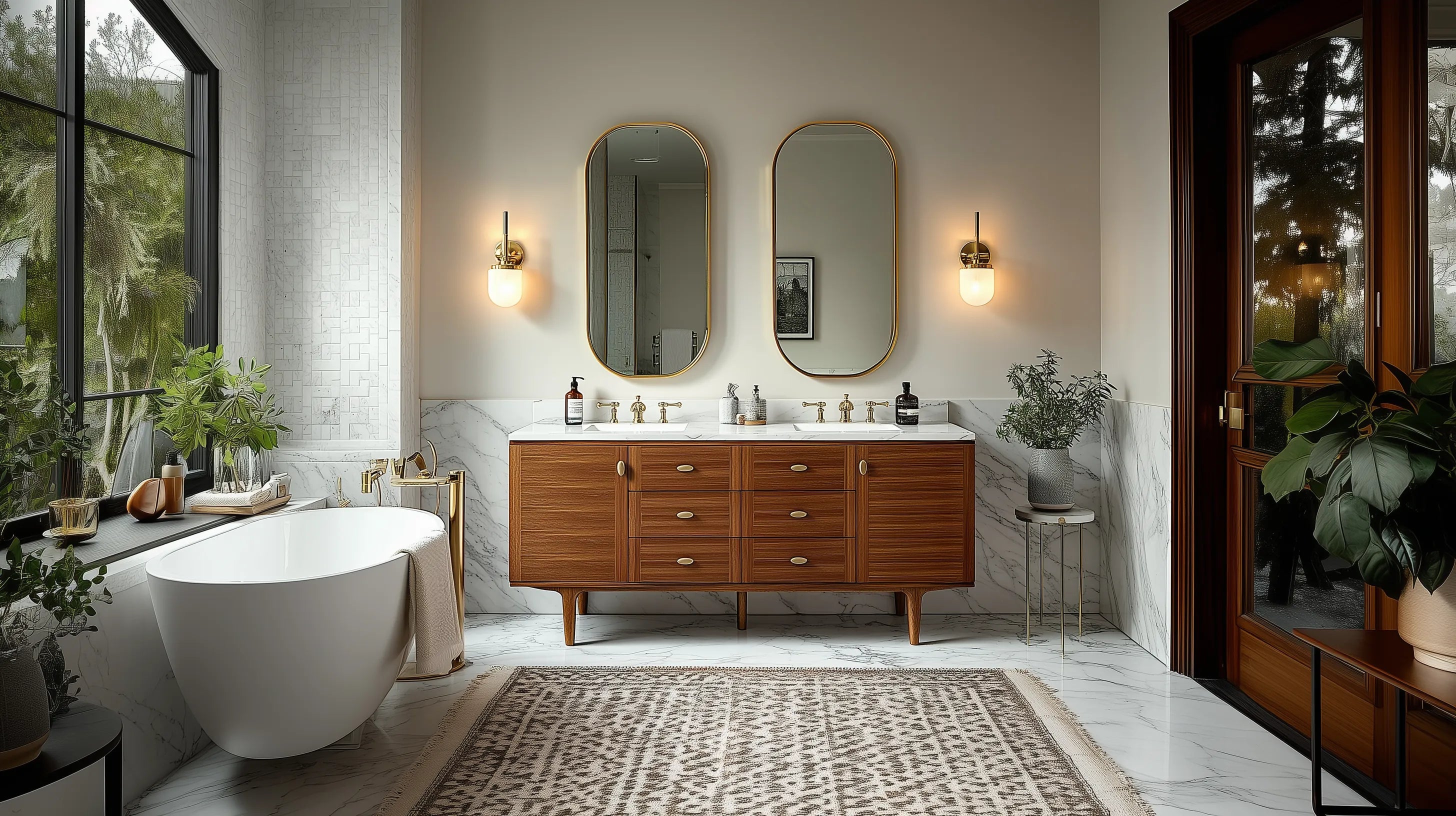 Modern vanity bathroom with wooden vanity, freestanding bathtub, and large windows.
