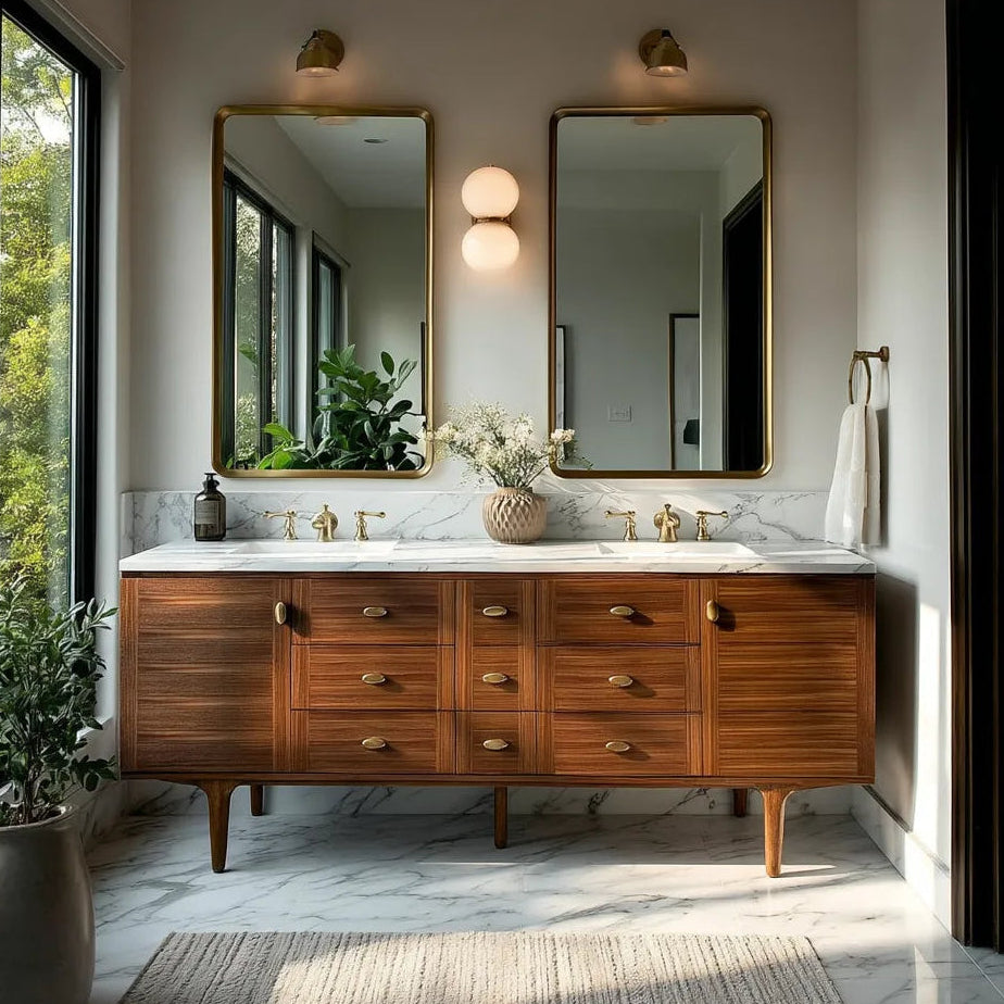 Mid Century Modern bathroom with wooden vanity, marble countertop, and large mirrors.