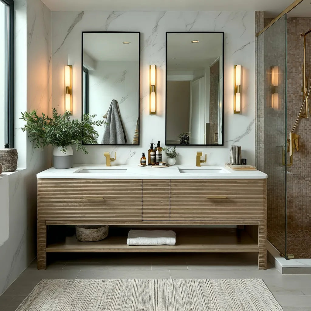 modern bathroom with wooden vanity, mirrors, and decorative elements.