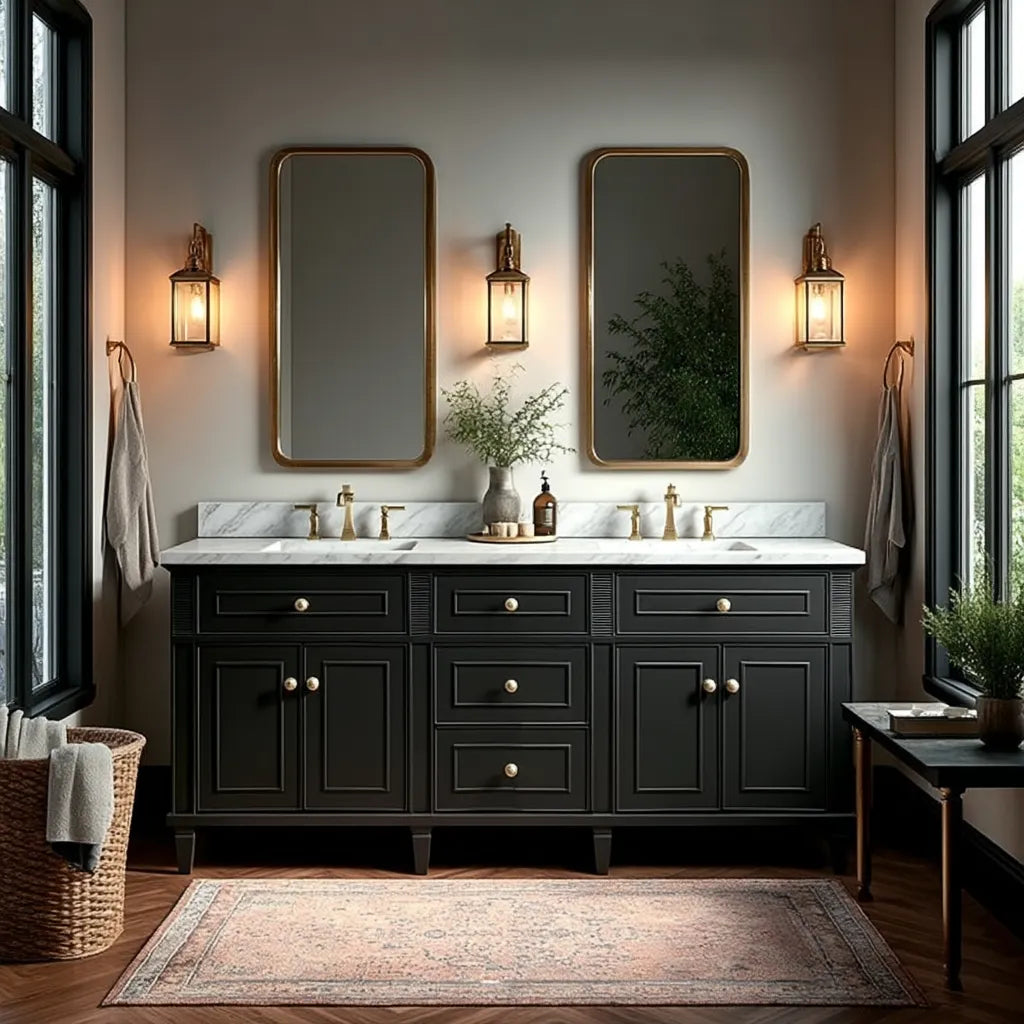 vintage style bathroom with black antique vanity, mirrors, and decorative elements.