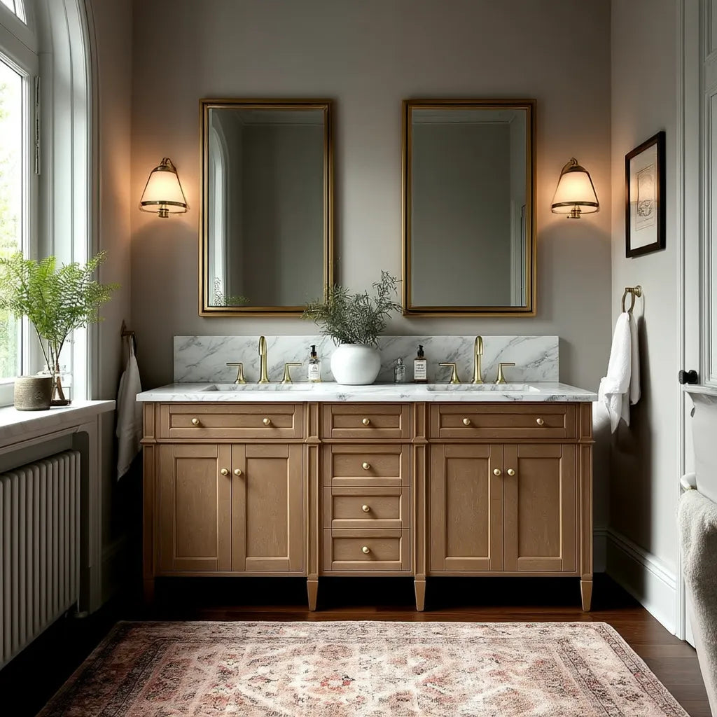 Transitional Bathroom vanity cabinet with wooden vanity, thick marble countertop, and two mirrors.