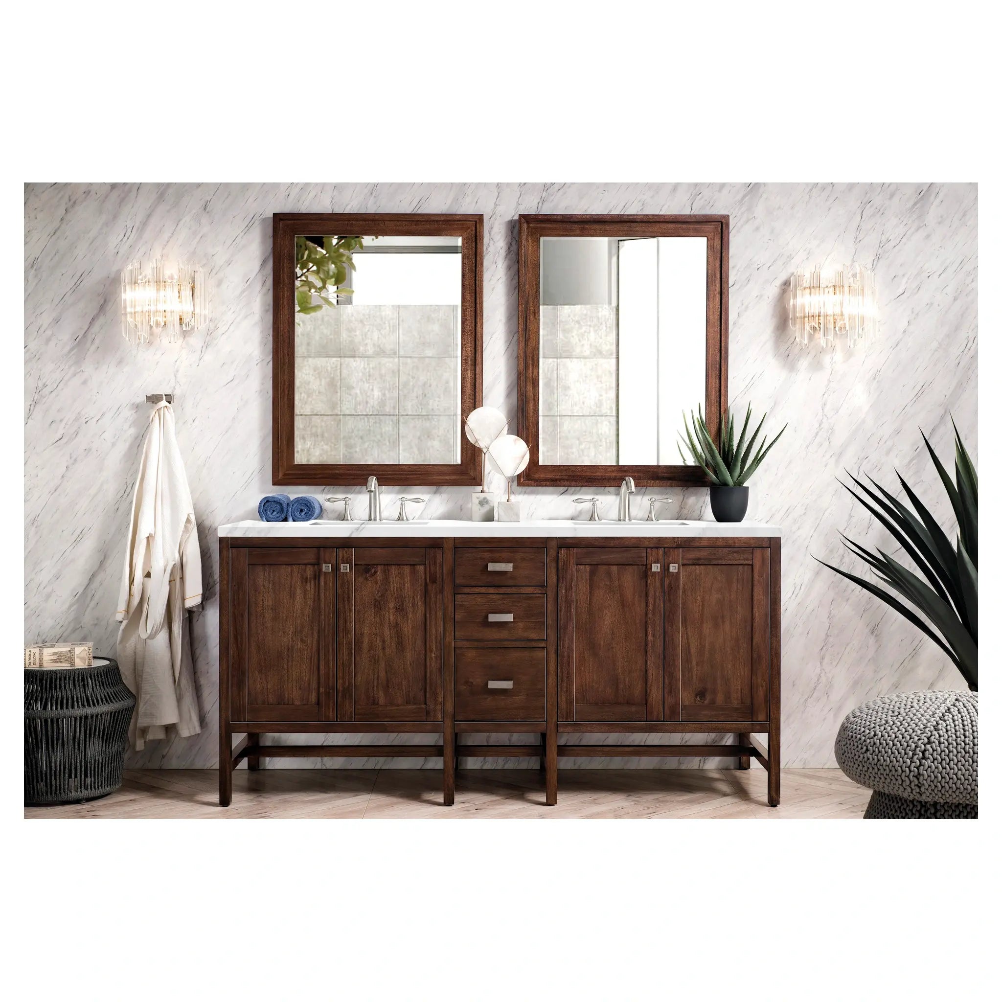 Addison 72 Double Vanity In Mid Century Acacia Standard Carrara White Marble 8 Widespread 2