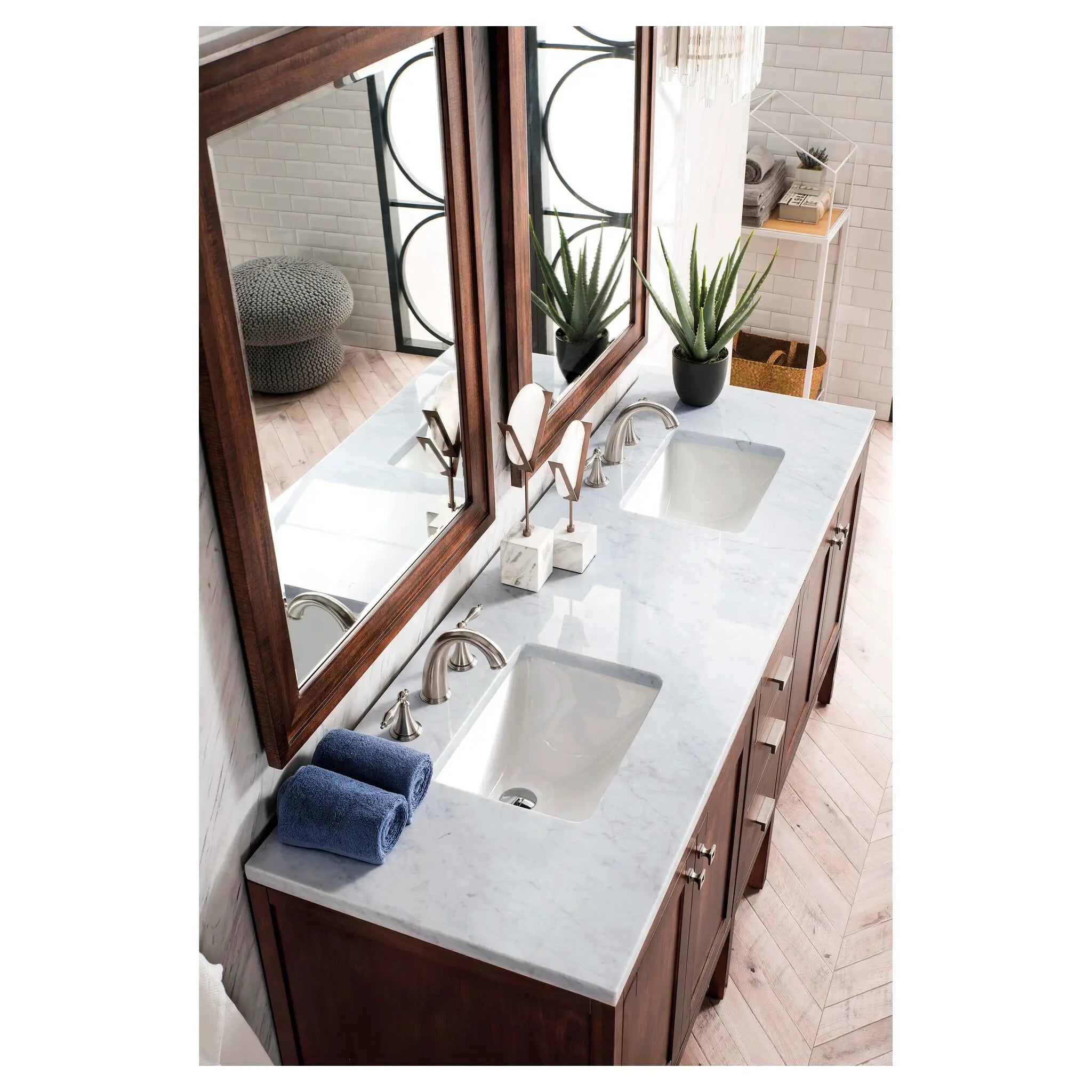 Addison 72 Double Vanity In Mid Century Acacia Standard Carrara White Marble 8 Widespread 5