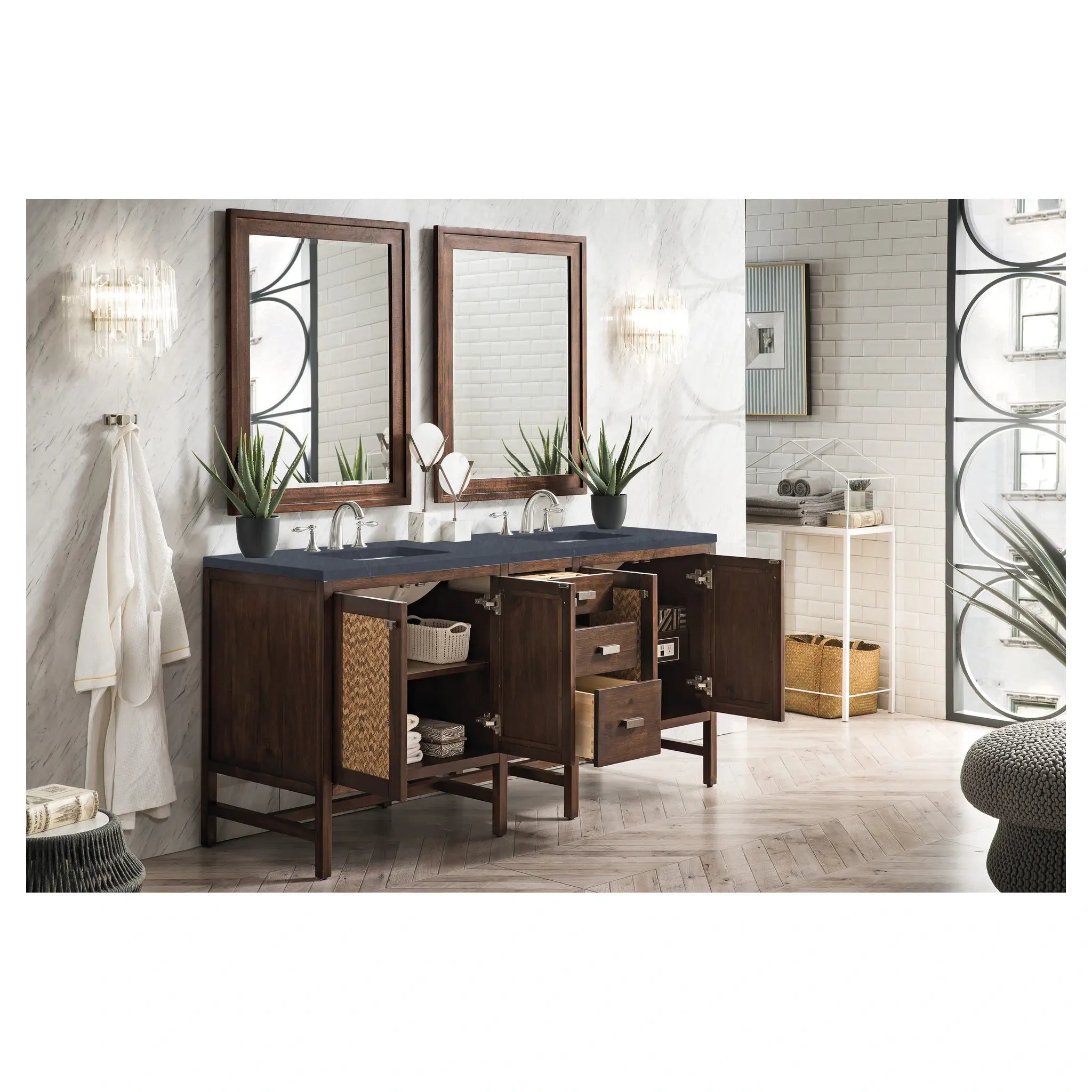Addison 72 Double Vanity In Mid Century Acacia Standard Charcoal Soapstone Silestone 8 Widespread 4