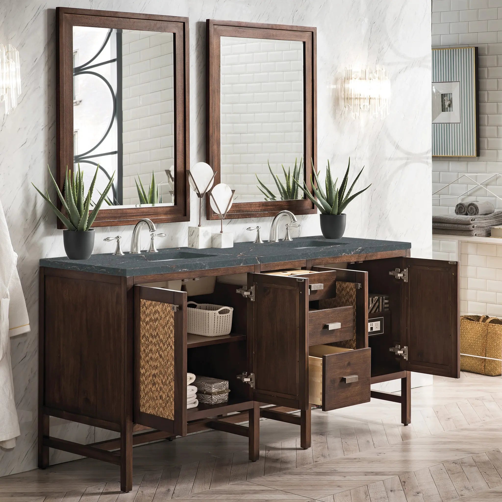 Addison 72 Double Vanity In Mid Century Acacia Standard Parisien Bleu Silestone 8 Widespread 4