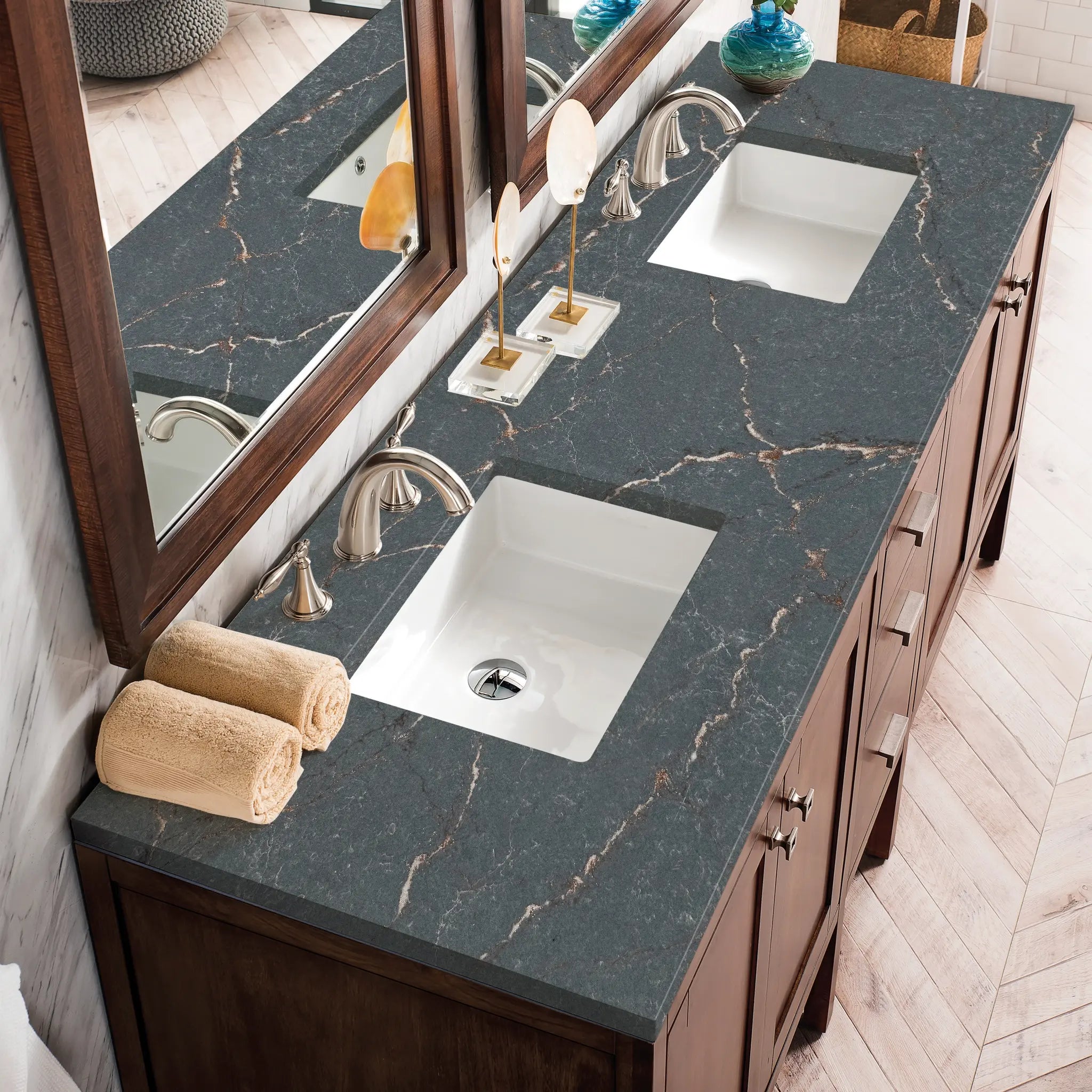 Addison 72 Double Vanity In Mid Century Acacia Standard Parisien Bleu Silestone 8 Widespread 5