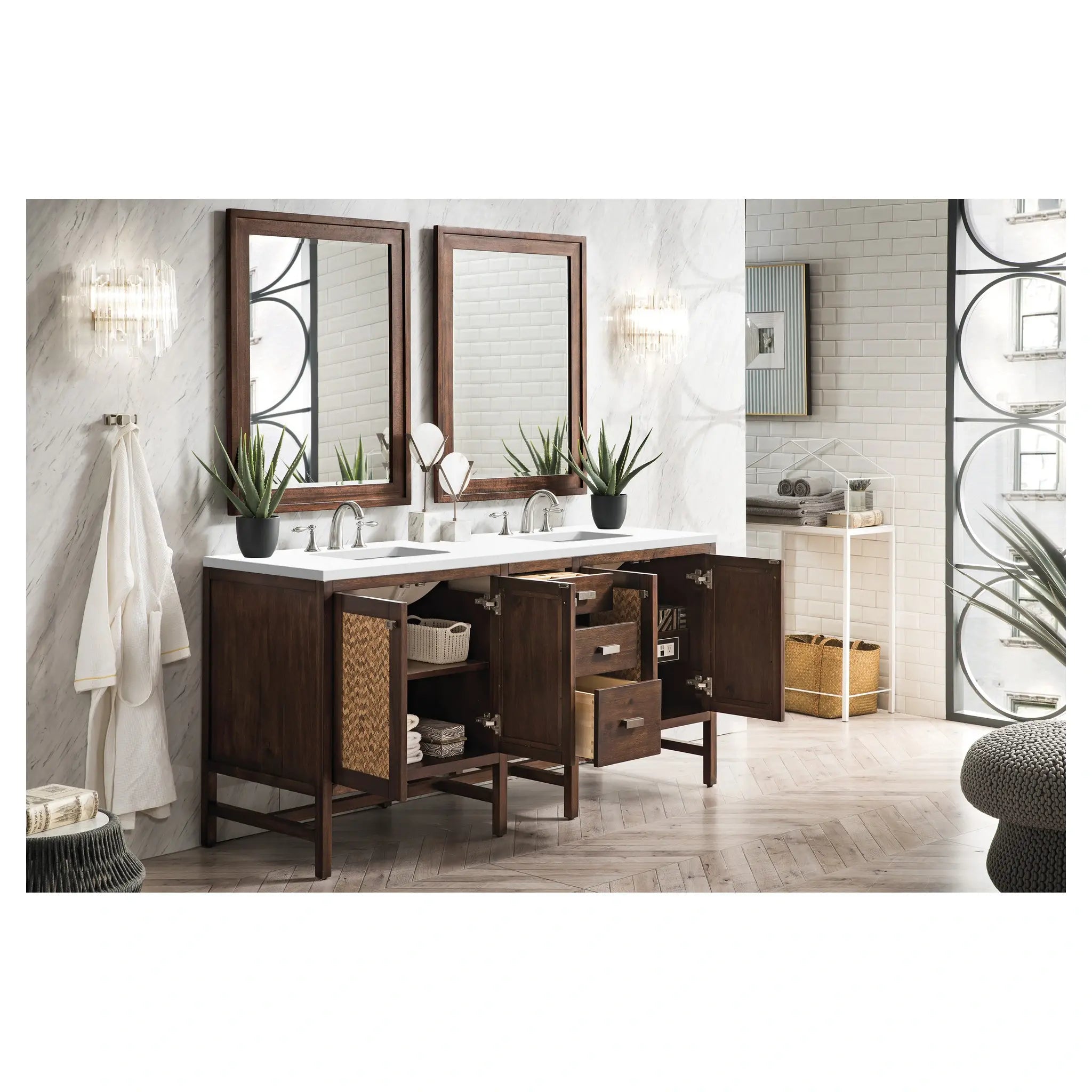 Addison 72 Double Vanity In Mid Century Acacia Standard White Zeus Silestone 8 Widespread 4