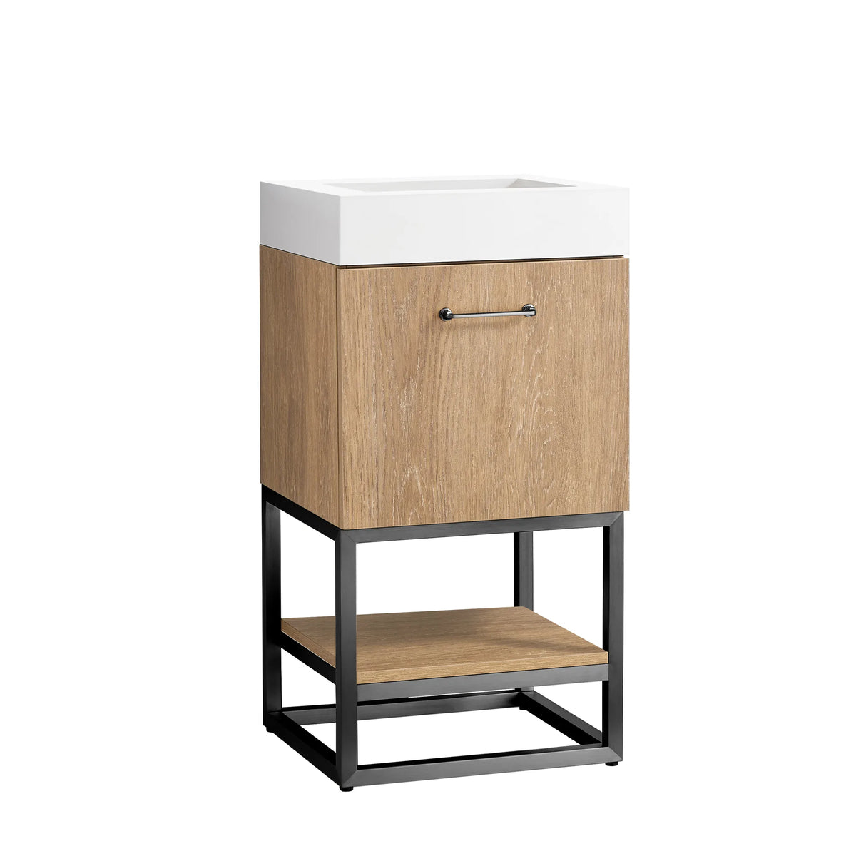 Front view of the 18 inch single bathroom vanity in North American Oak with a Matte Black base and open shelf