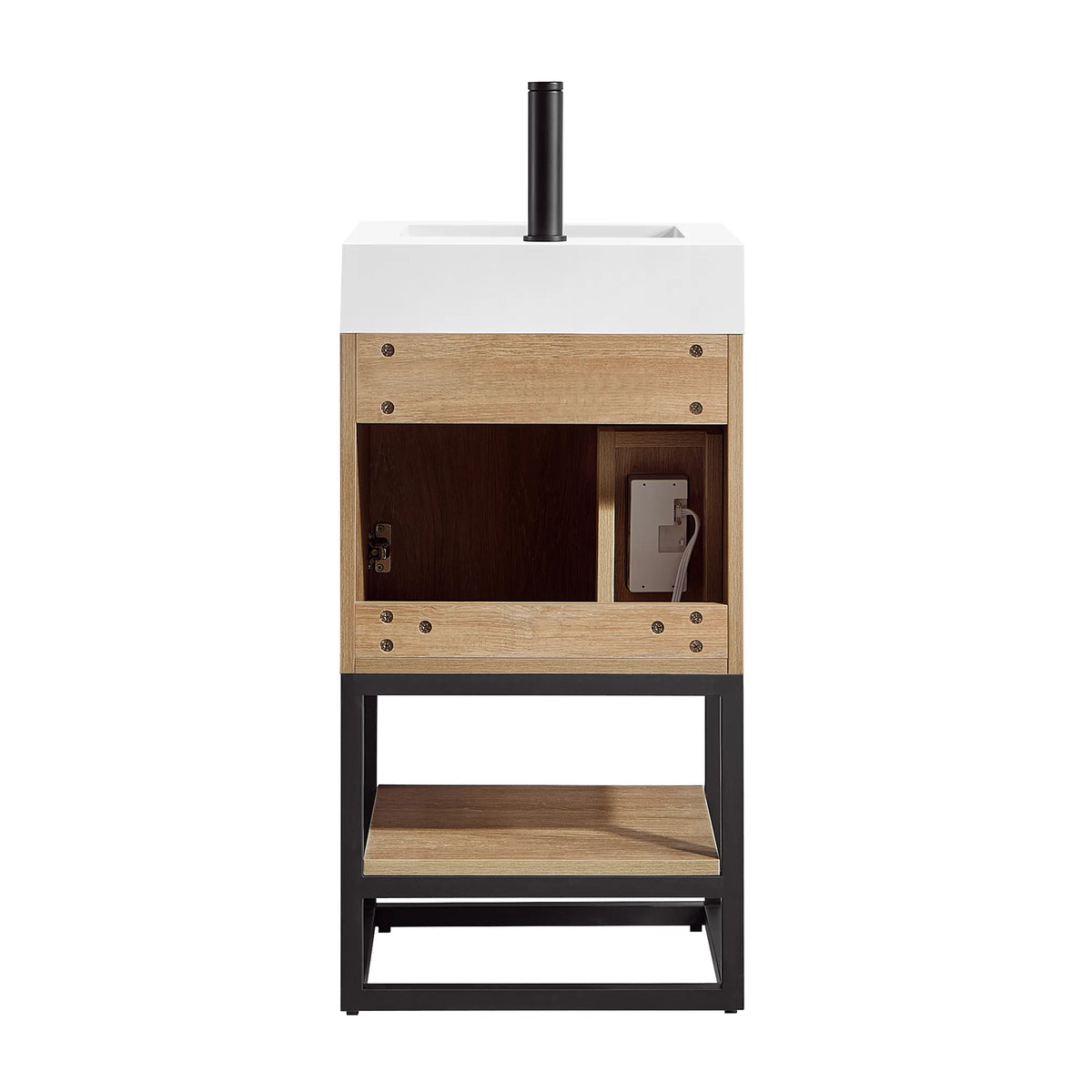 Front view with the door open to the inside of the cabinet and the built-in outlet, white background