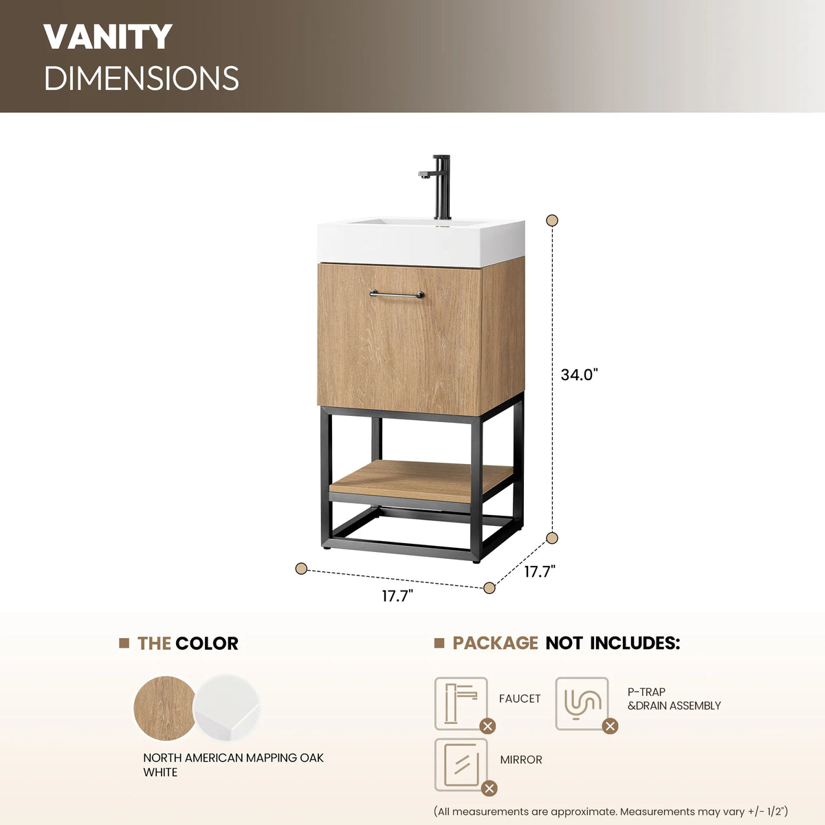 Dimension drawing showing the overall width, depth and height of the 18 inch single vanity