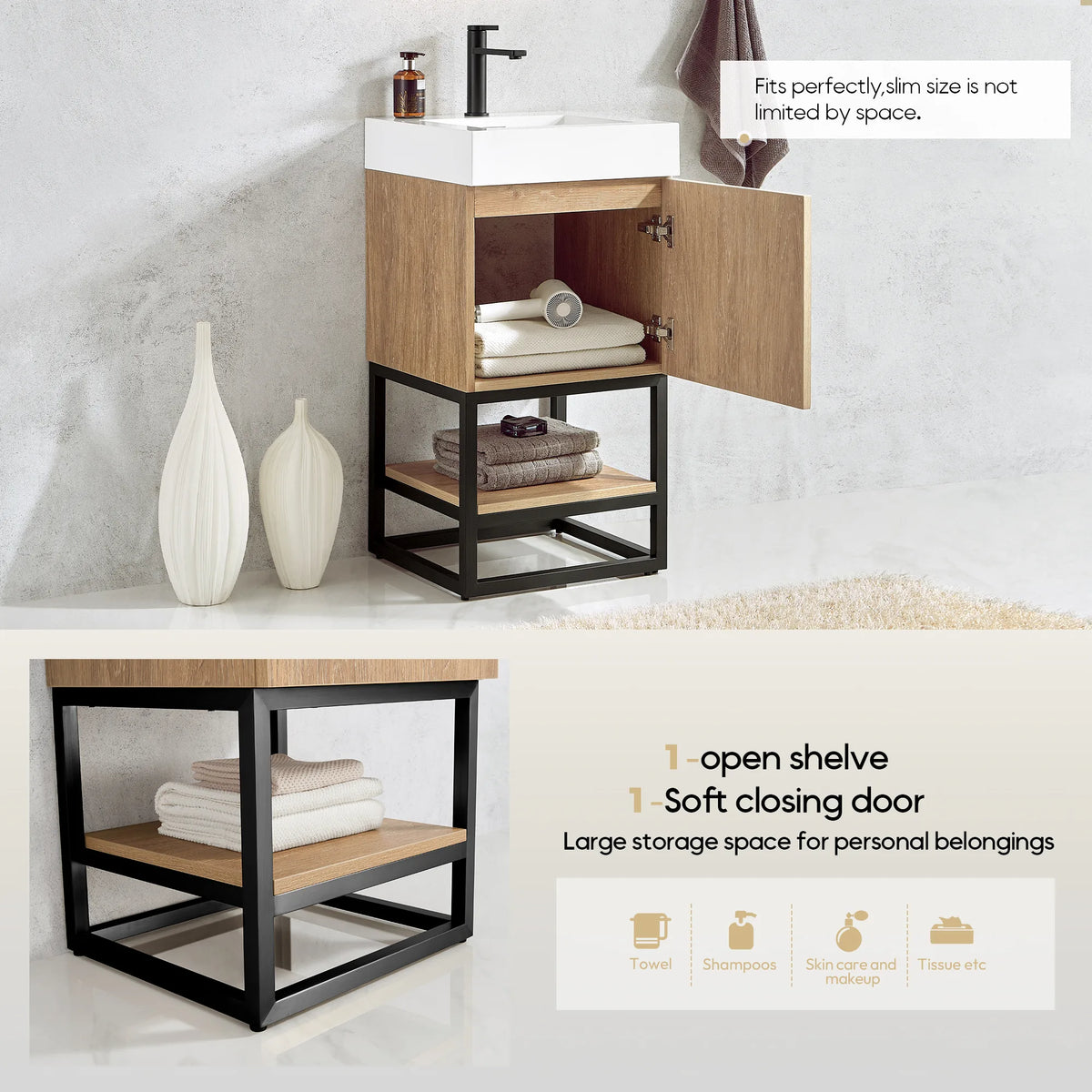 Callout showing the soft-closing door open, an open shelf with towels and a slim-size note