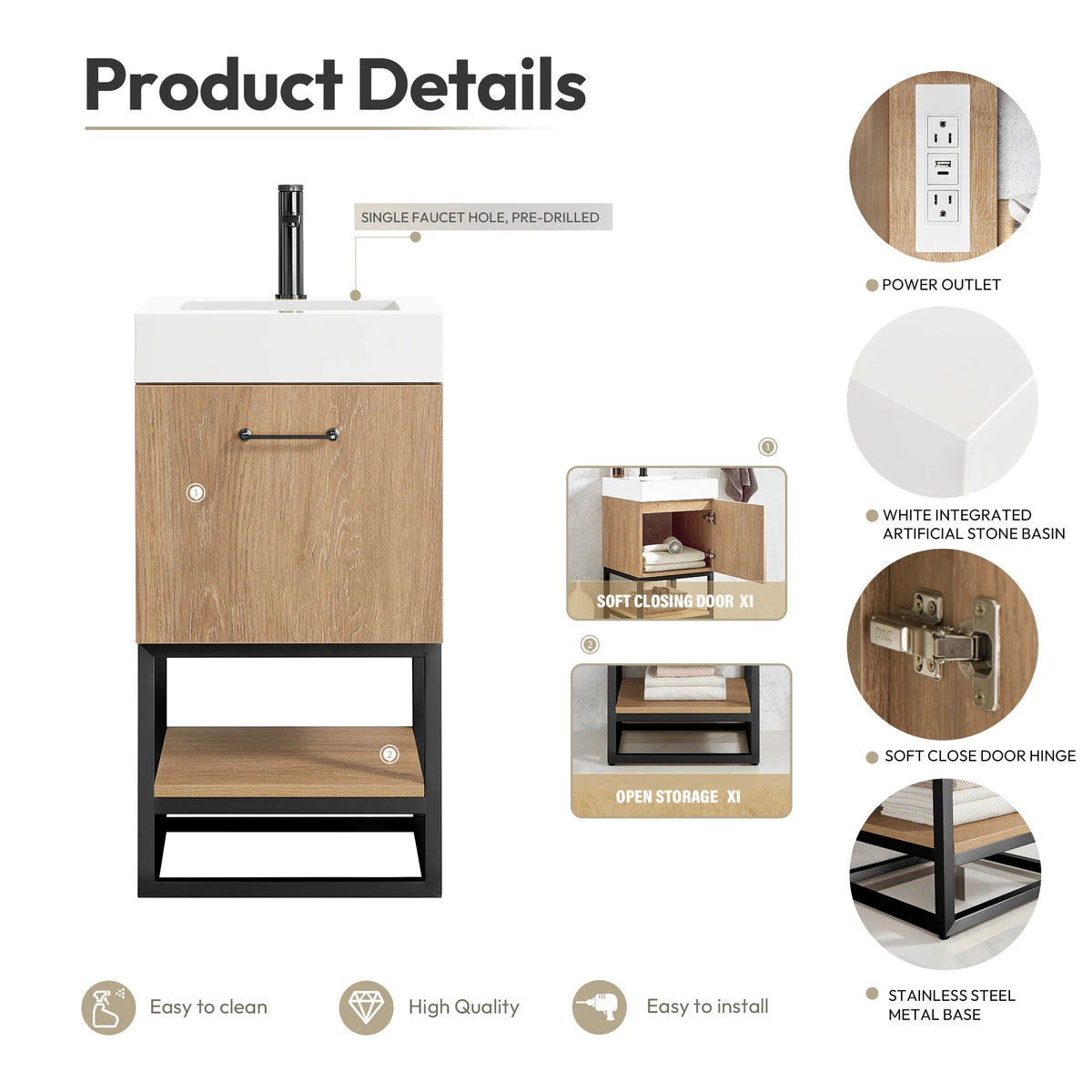 Details graphic with labeled callouts for the outlet, soft-close door, open storage and metal base