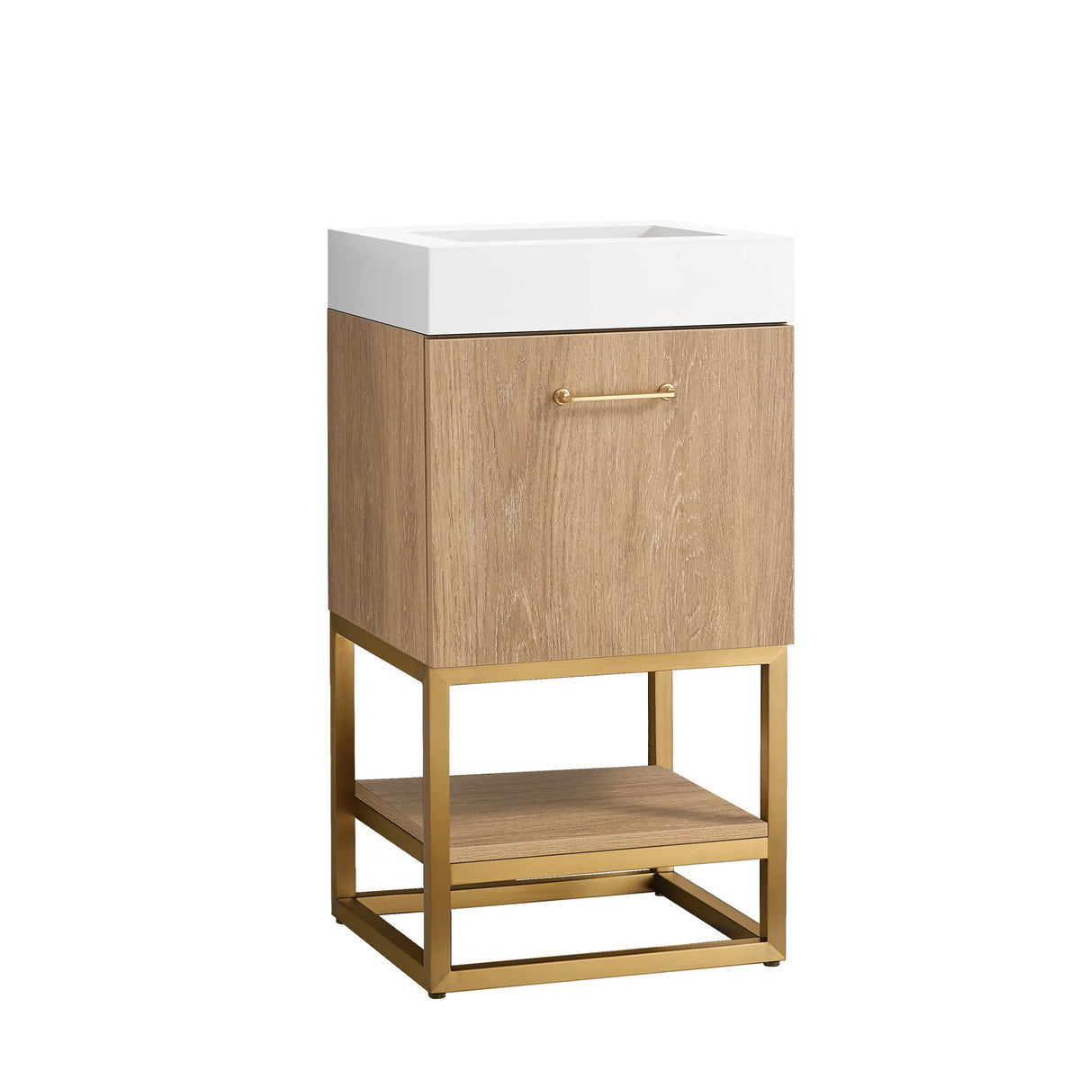 Front view of an 18 inch North American Oak single bathroom vanity on a Brushed Gold base, shelf open below the door