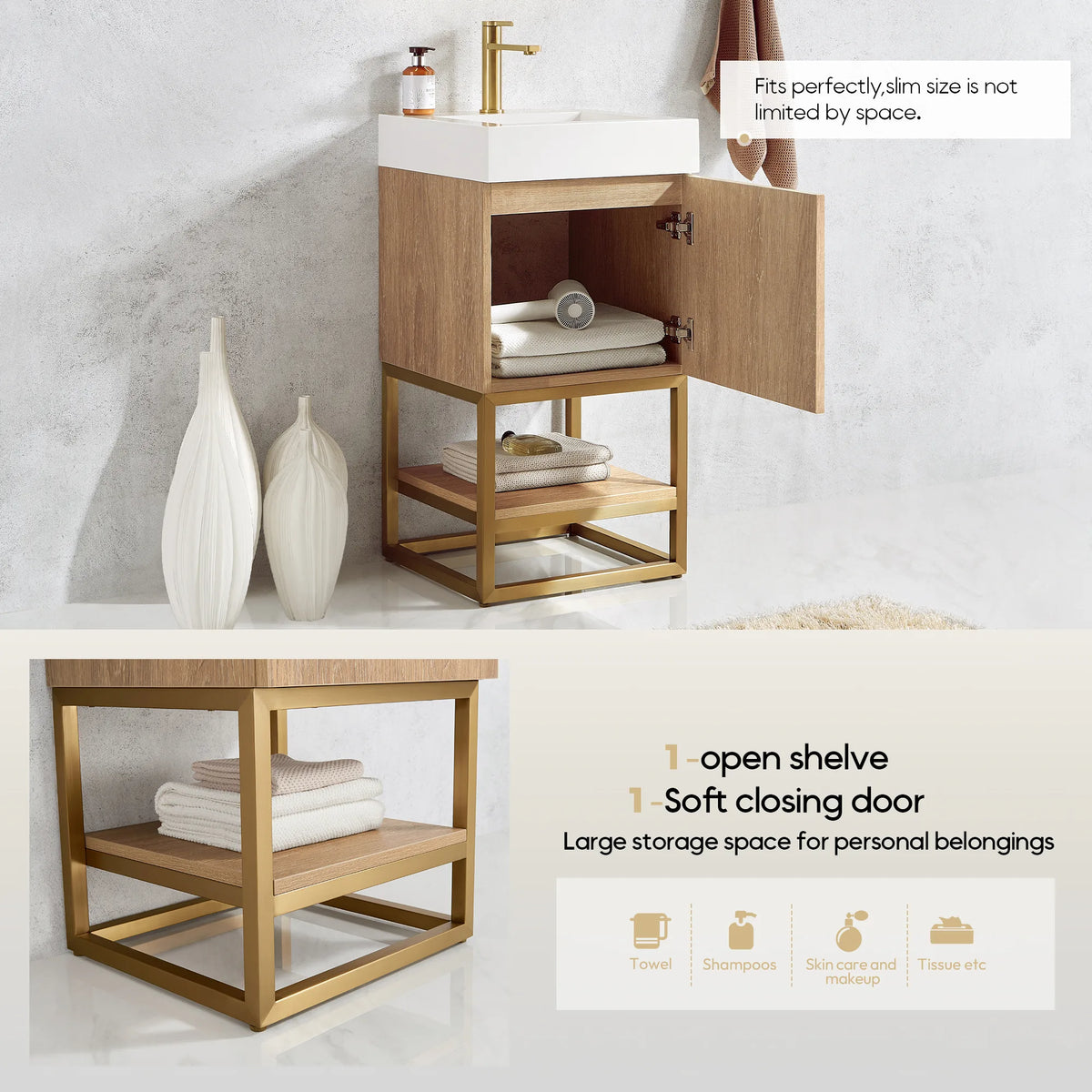 Storage detail: soft-closing door open beside an open shelf of towels, with a slim-size note