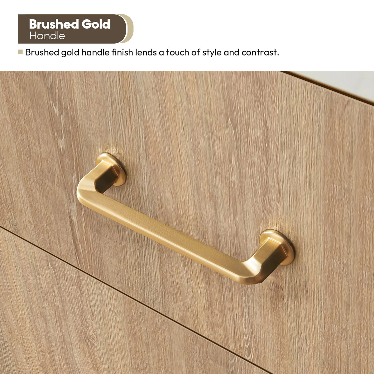 Brushed Gold handle detail on a North American Oak front, with the finish callout above