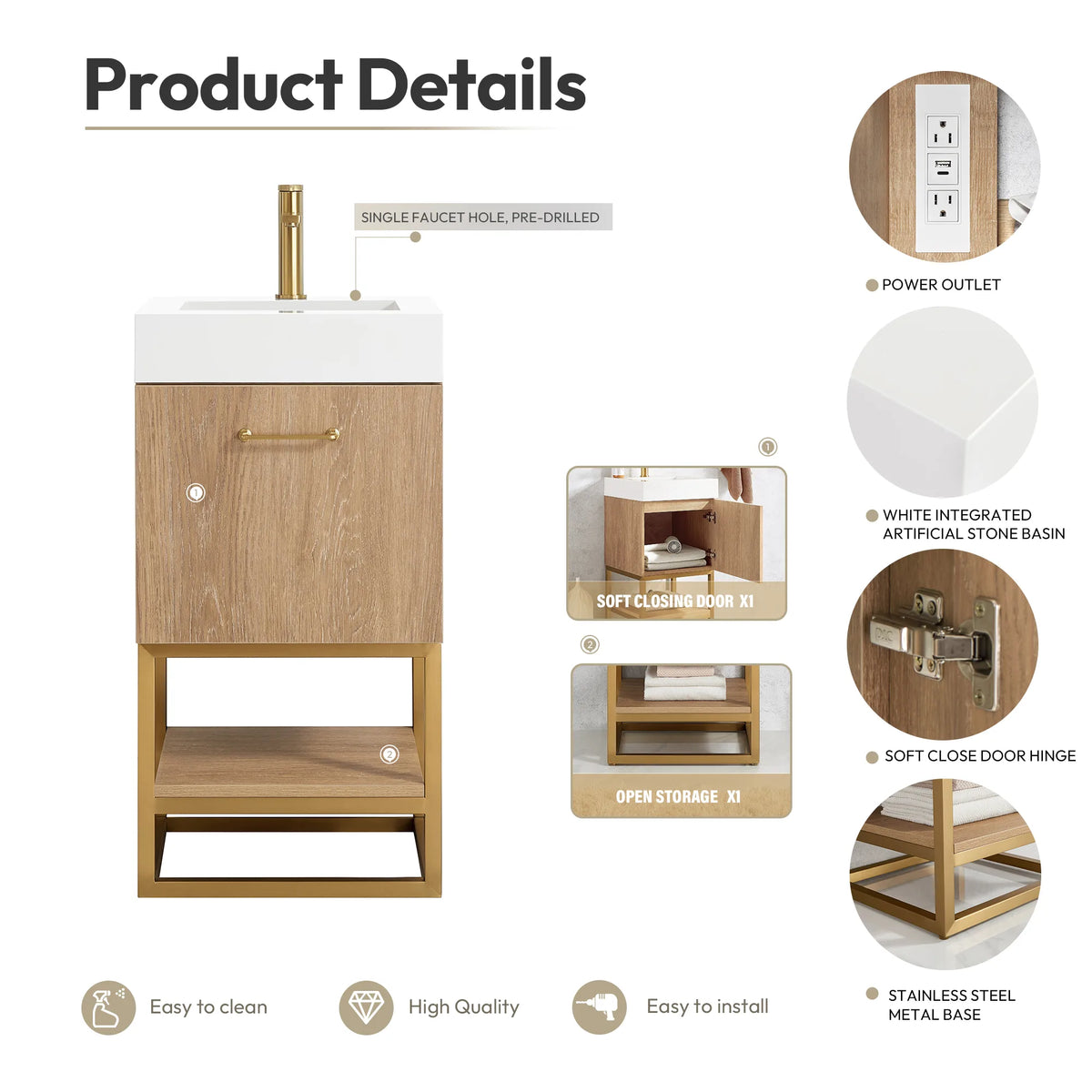 Callout graphic: power outlet, soft-close door, open storage and metal base labeled on the vanity