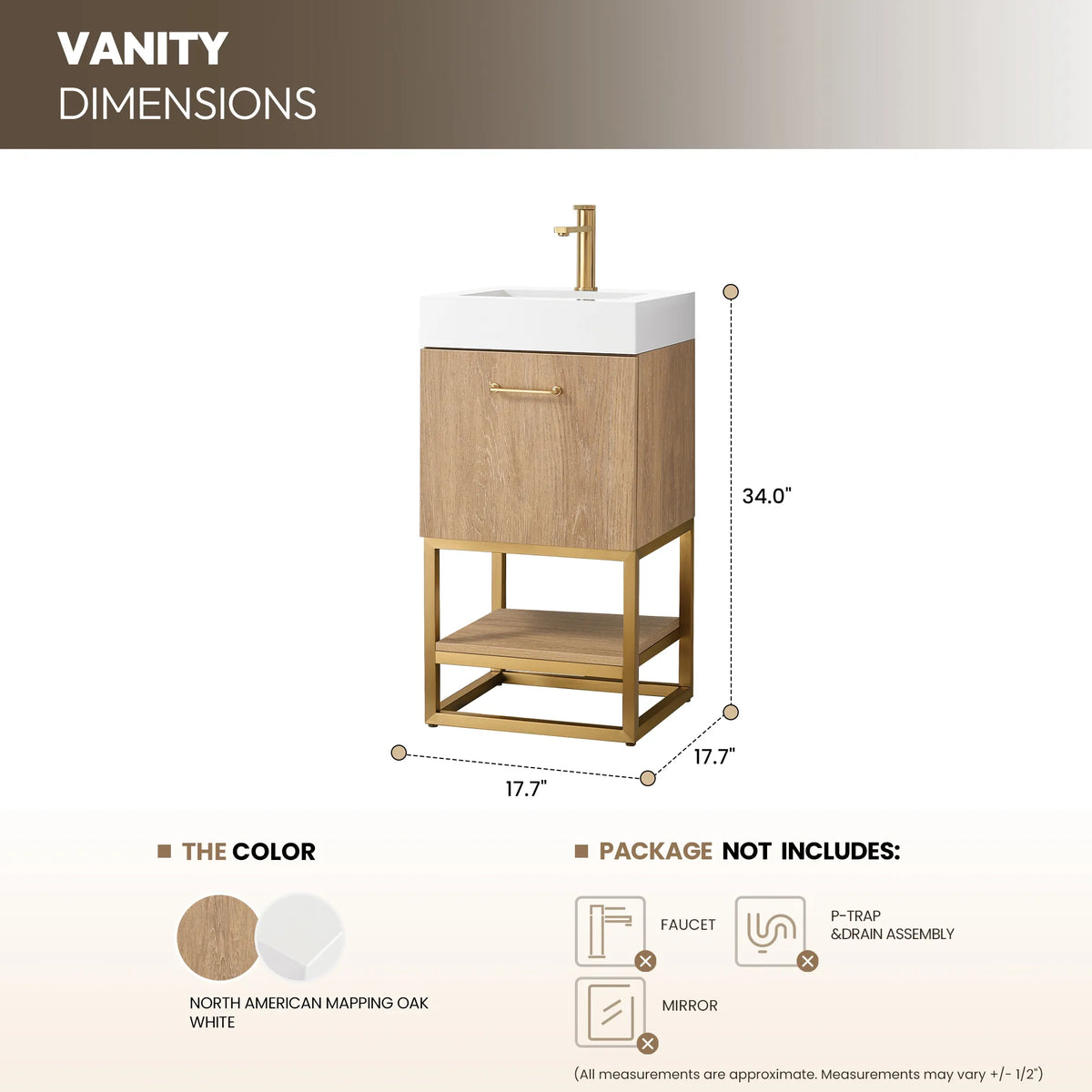 Dimension drawing of the 18 inch single vanity showing overall width, depth and height