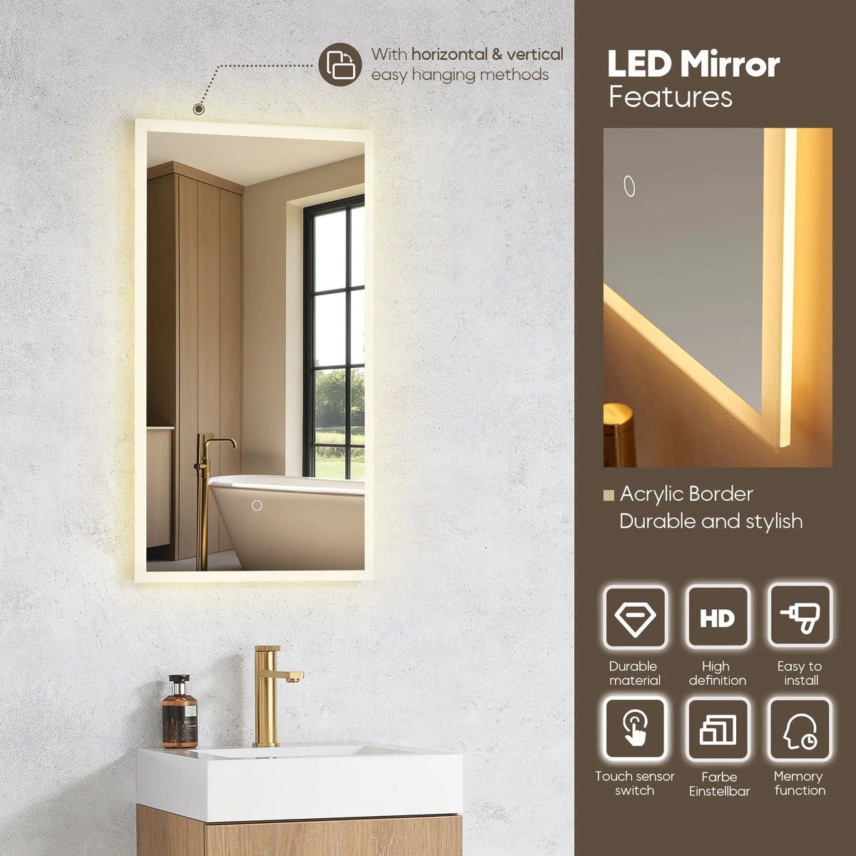 LED mirror callout: lit rectangular mirror with acrylic border and touch sensor labels
