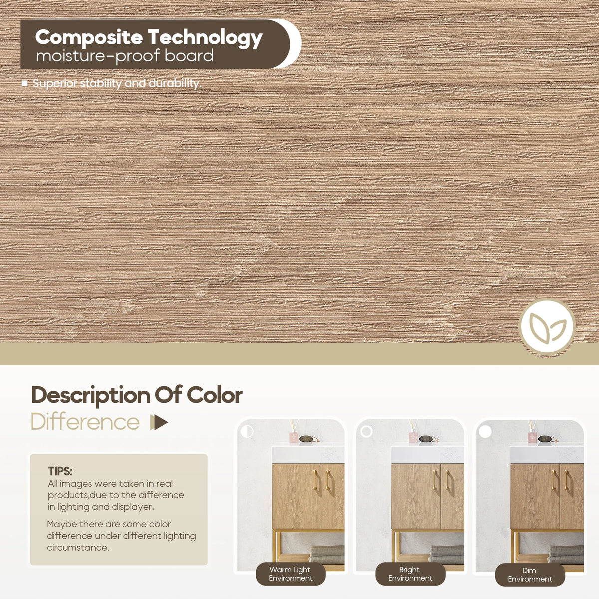 Moisture-proof board callout with a color note on how the finish reads in different light