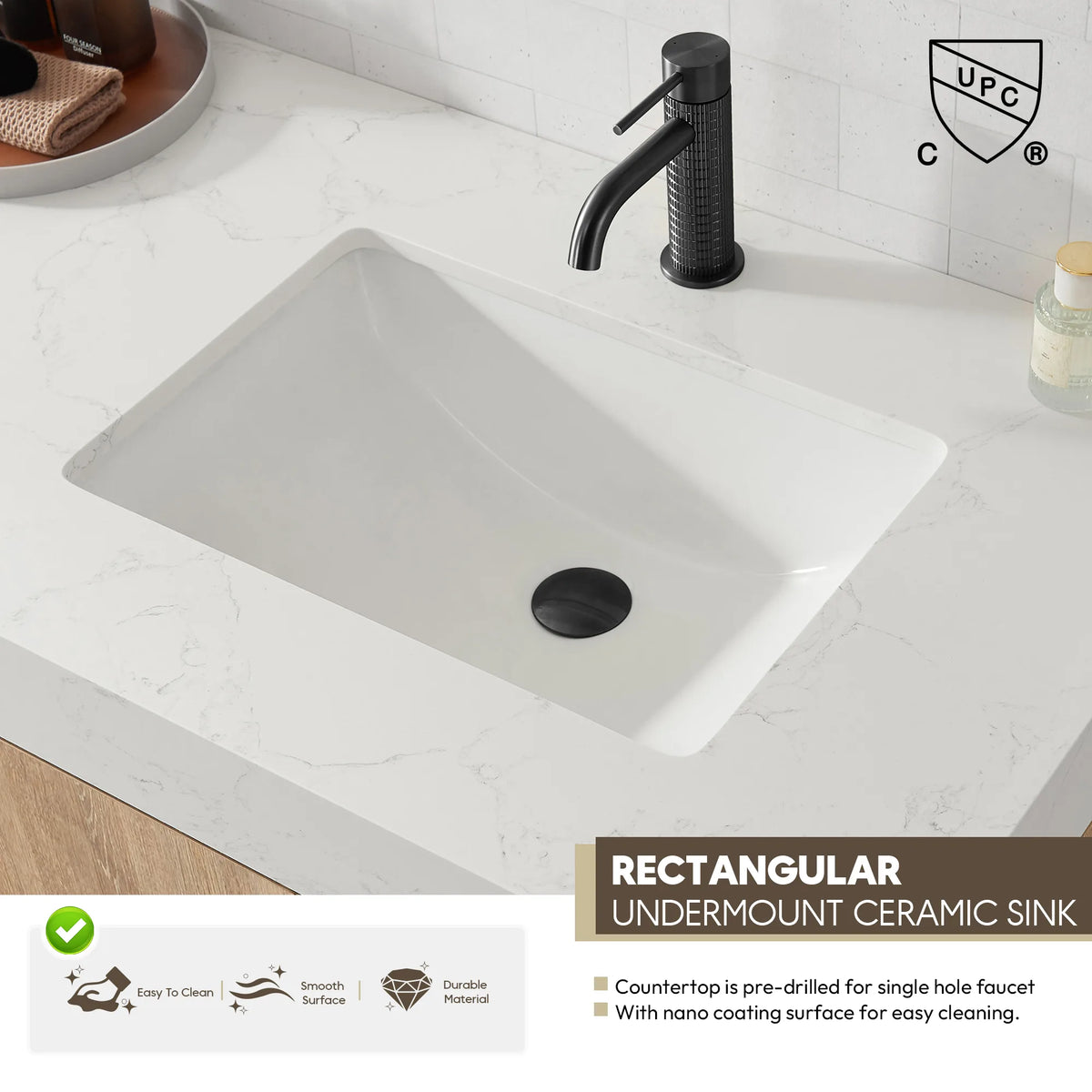 Close-up of the rectangular undermount ceramic sink with callout text, countertop pre-drilled for a single faucet hole