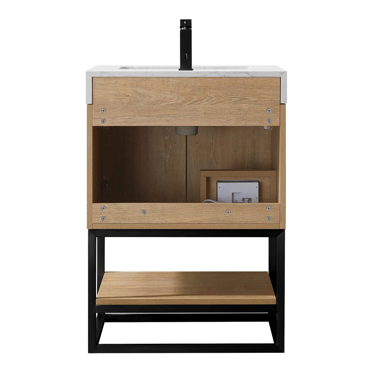 White-background front view of the open cabinet interior and built-in outlet, black base below