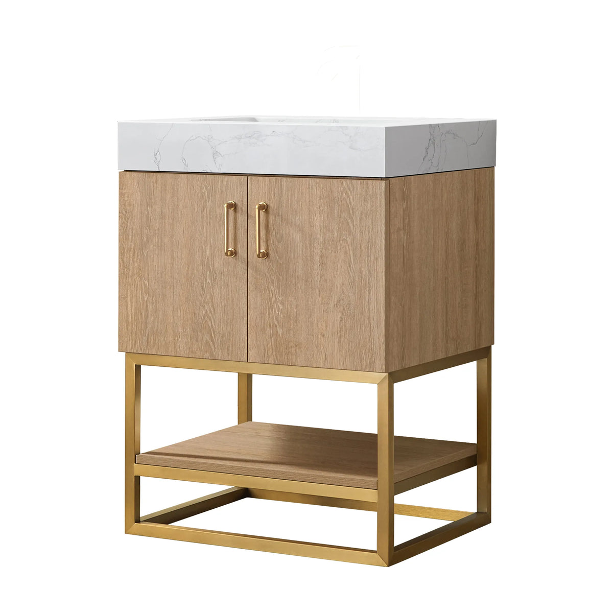 Front view of a 24 inch single bathroom vanity in North American Oak, doors above an open shelf on a Brushed Gold base