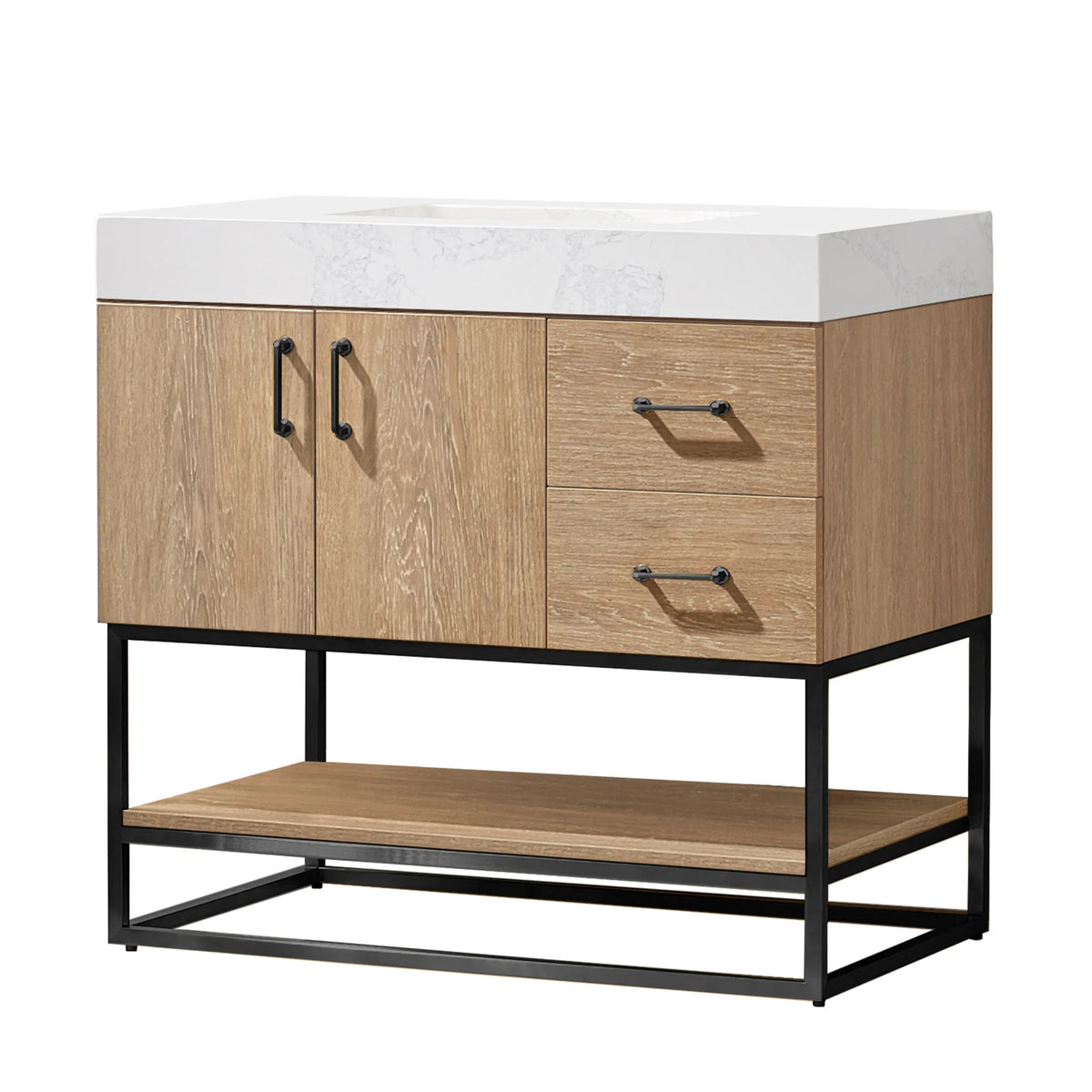 Front view of a 36 inch single bathroom vanity in North American Oak with Matte Black pulls and a black metal base