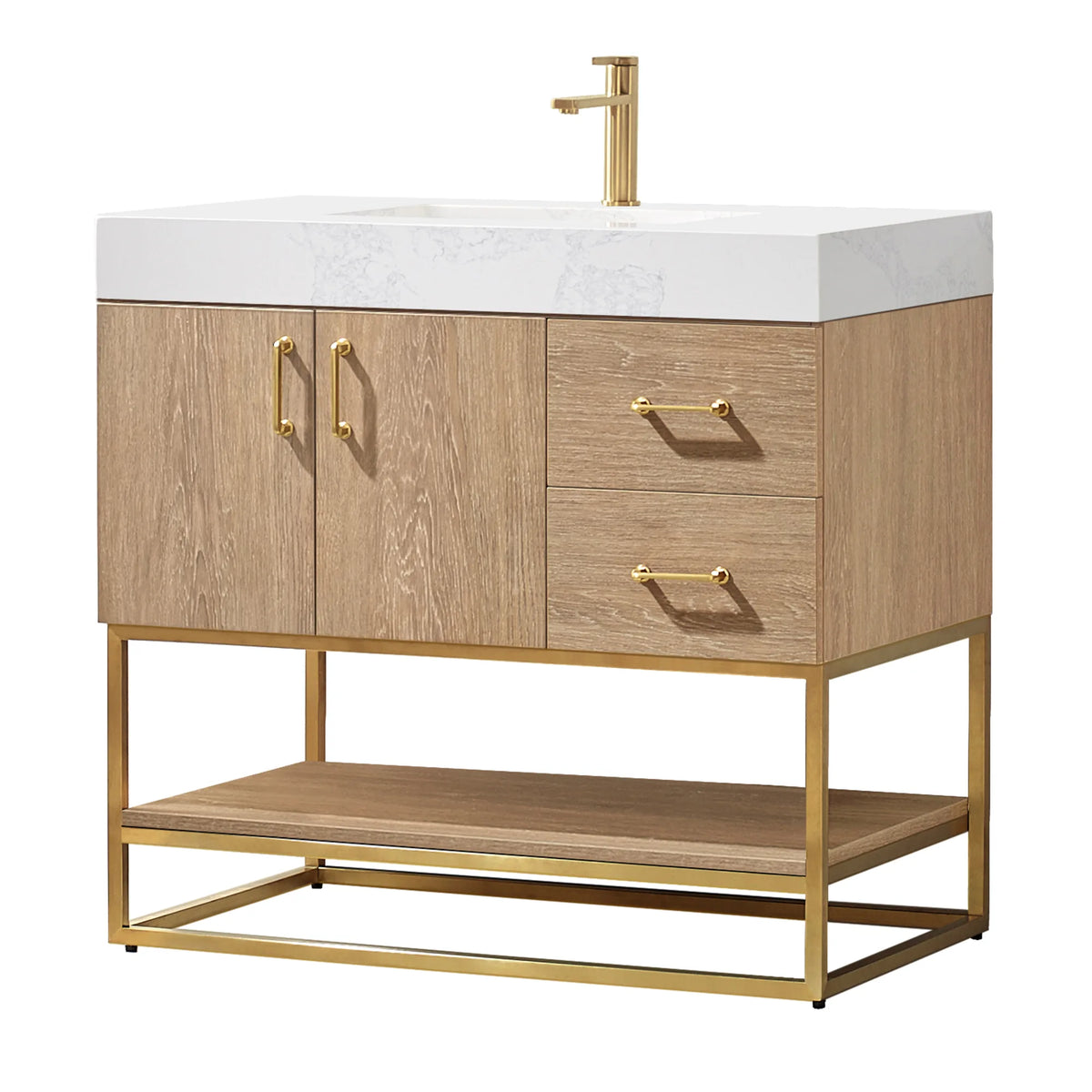 Studio front view of the oak vanity with a white grain stone top and gold base
