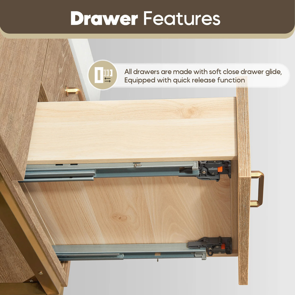 Slide hardware and light wood drawer box in close view, with the soft-close glide and quick release note
