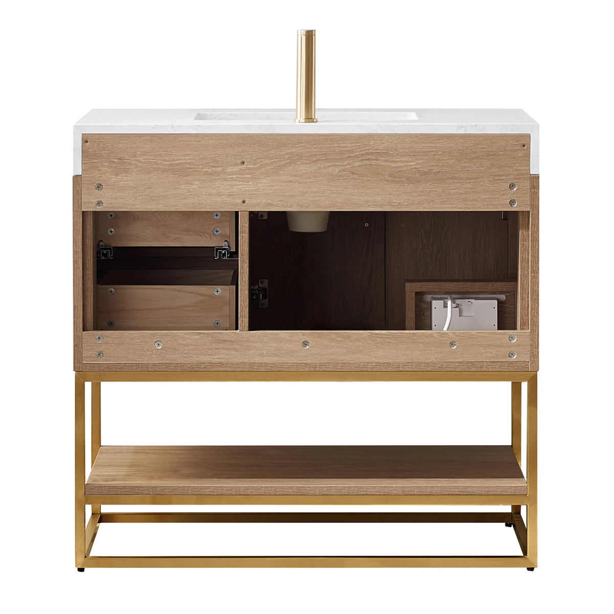 White-background front view of the open cabinet interior and built-in outlet, open shelf on a gold base