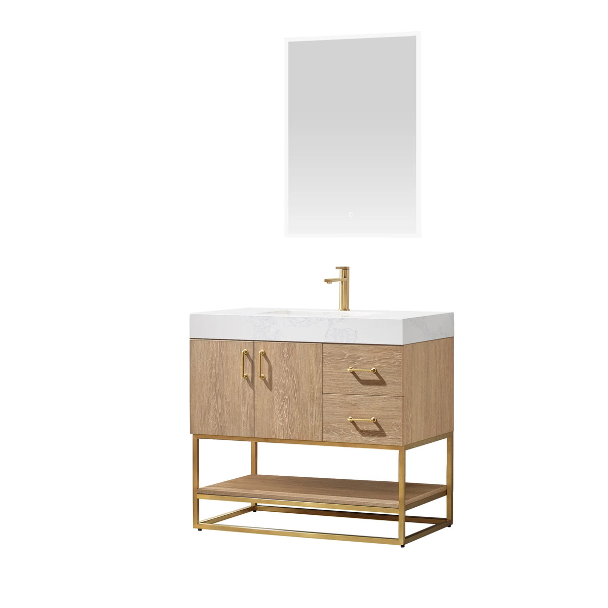 Front view on white of the 36 inch vanity with matching mirror above