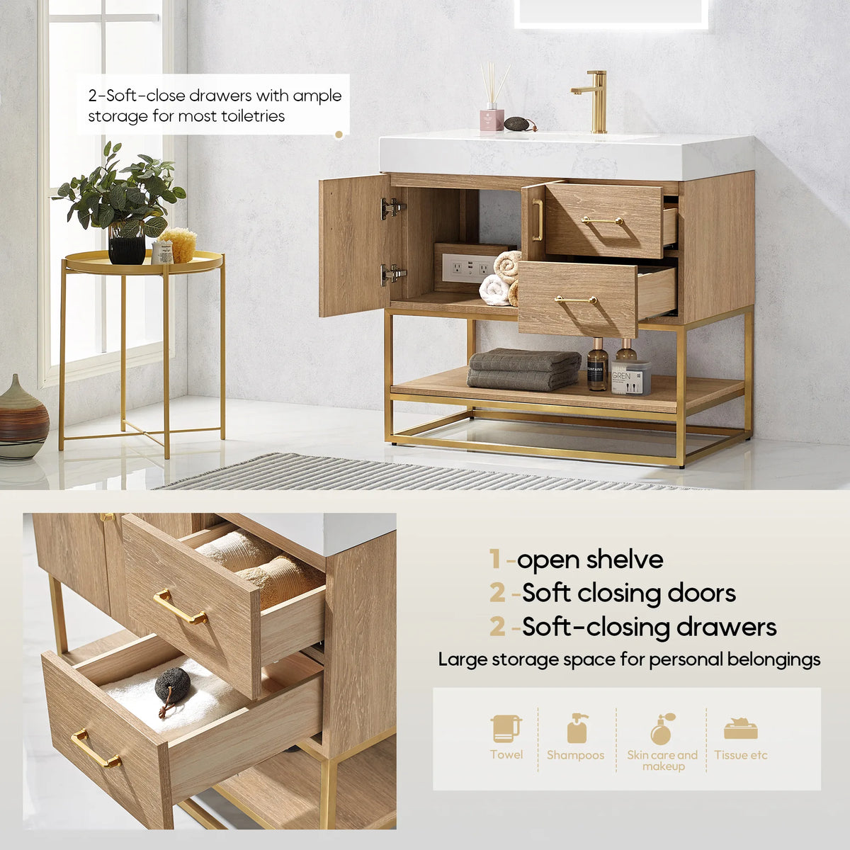 Storage callout showing an open door, open drawers and an open shelf, soft-closing doors and drawers listed