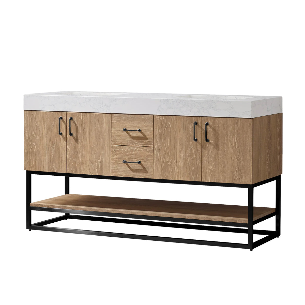 North American Oak double bathroom vanity, 60 inch, shown on white with matte black pulls and base