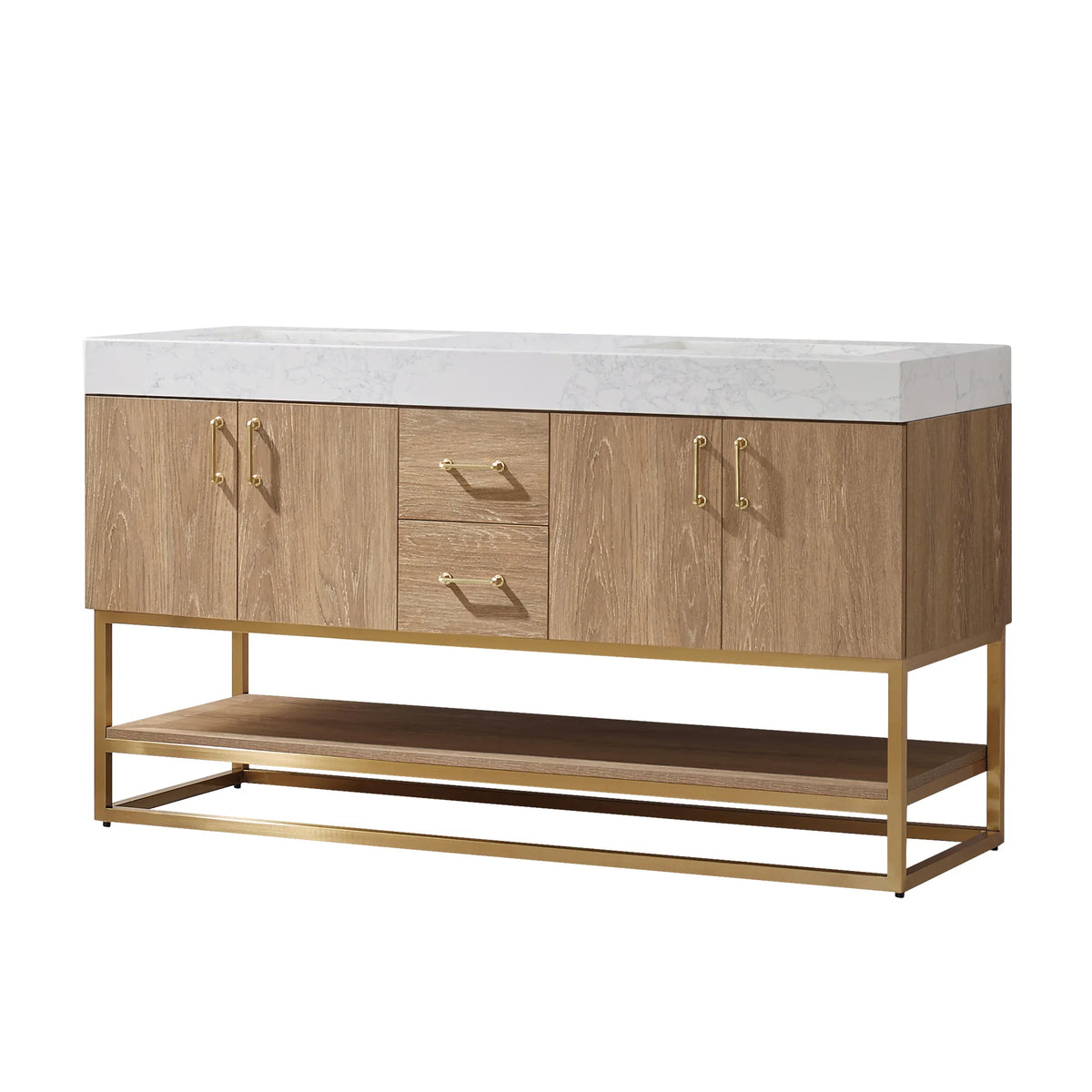 North American Oak double bathroom vanity, 60 inch, front view on white with doors beside two center drawers