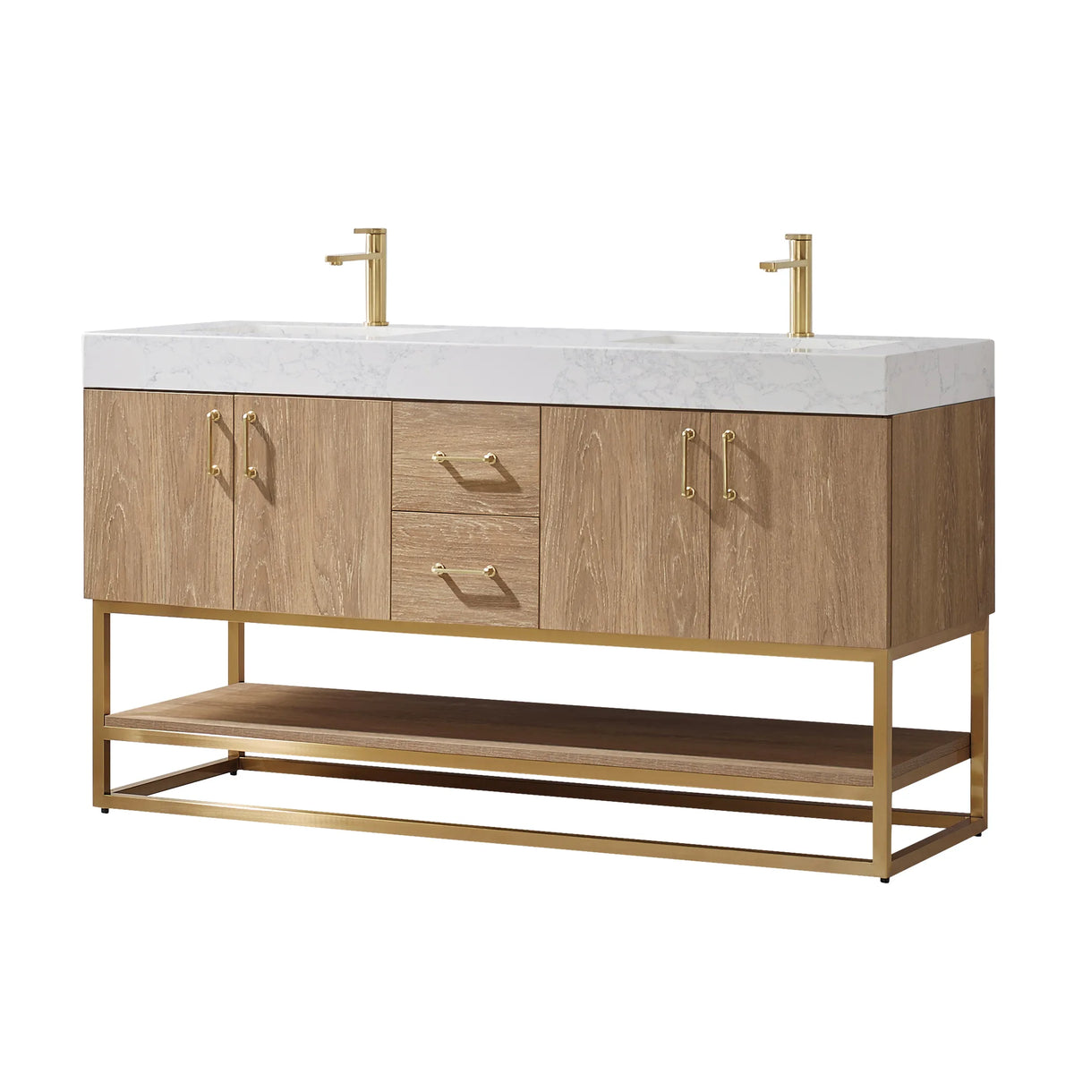 60 inch double vanity in North American Oak on white, gold base and pulls