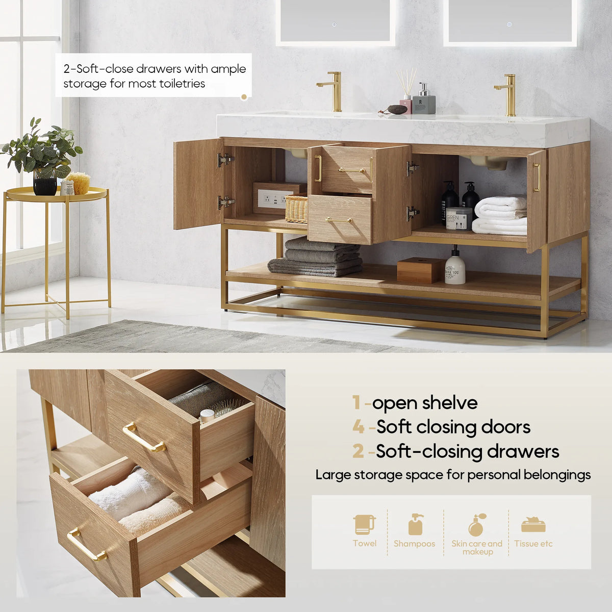 Feature graphic of open doors and drawers on the double vanity, a drawer inset and storage notes