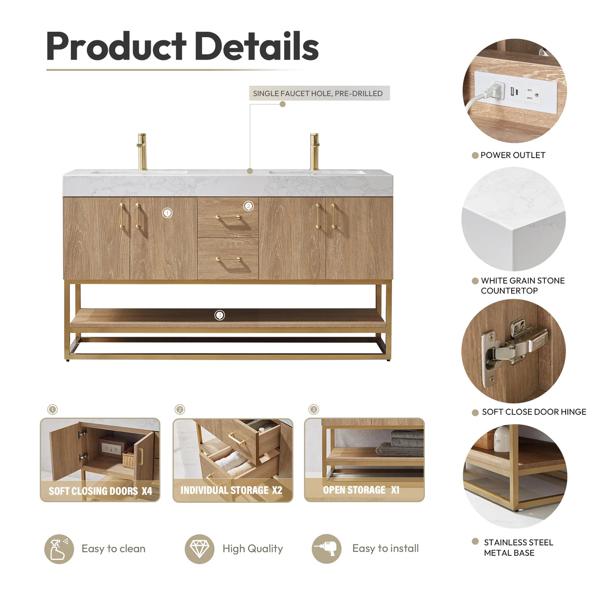Product details graphic with callouts for the power outlet, white grain stone top, soft-close door and metal base